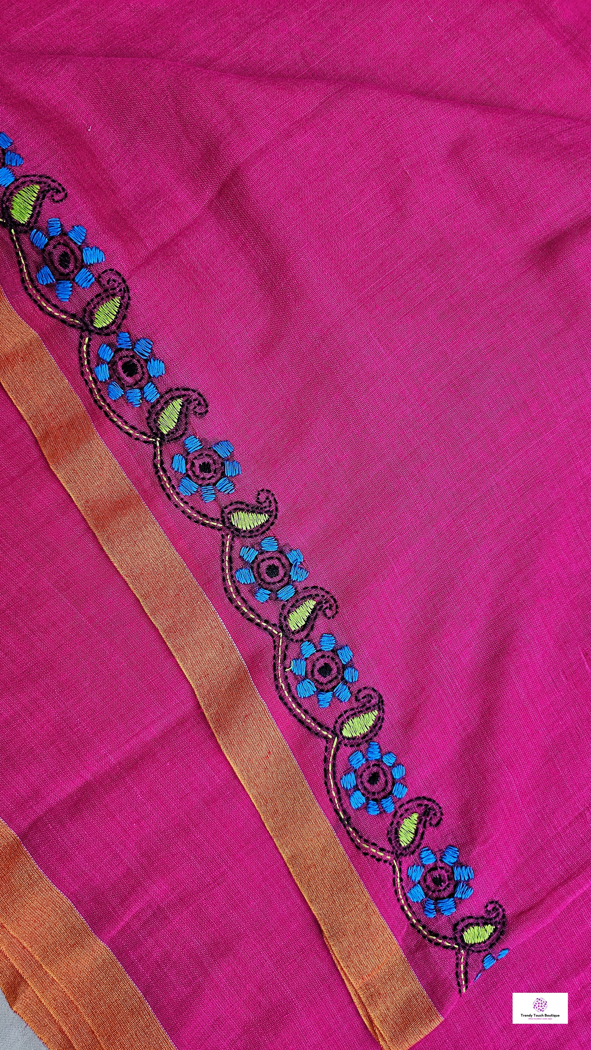 kantha handembroidered pink mulcotton saree with yellow tassel for office wear and casual outing wedding and special functions with blouse piece best price