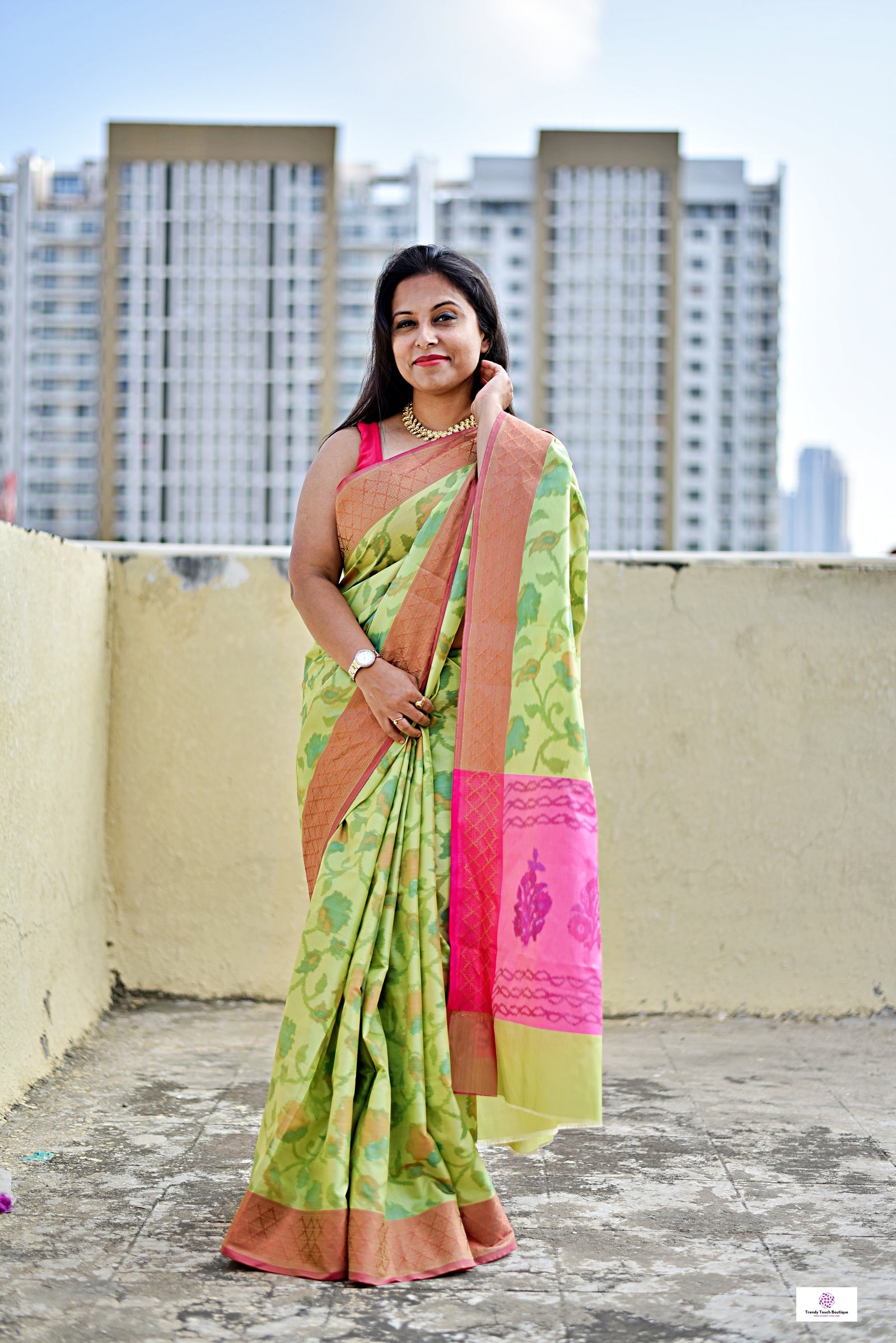 ikkat style digital print soft silk saree  green pink for haldi sangeet marriage bridal function puja and special ocassion with blouse piece best price