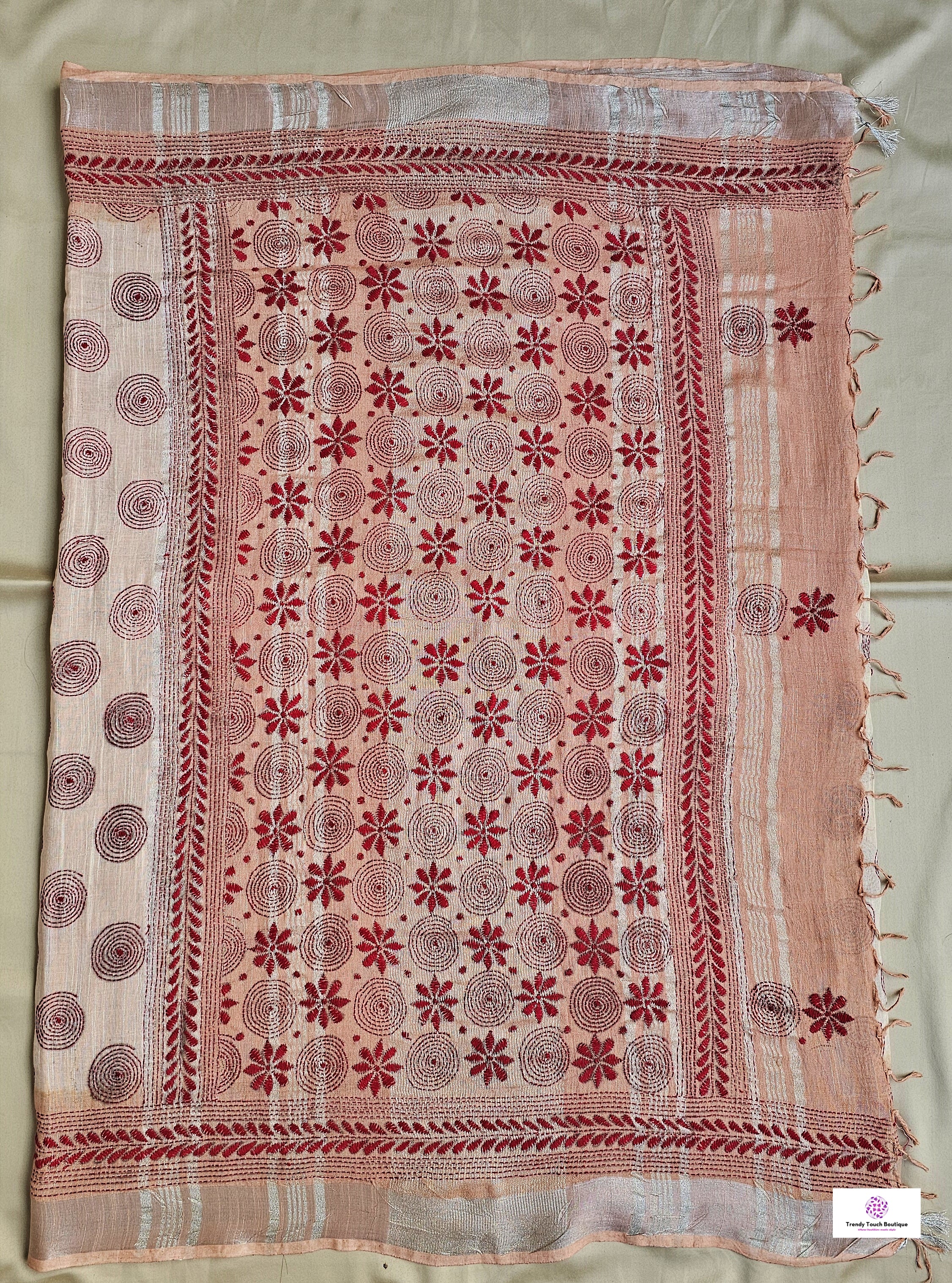 kantha handembroidered designer ivory and beige linen saree with blouse piece best price for office, casual and wedding wear.