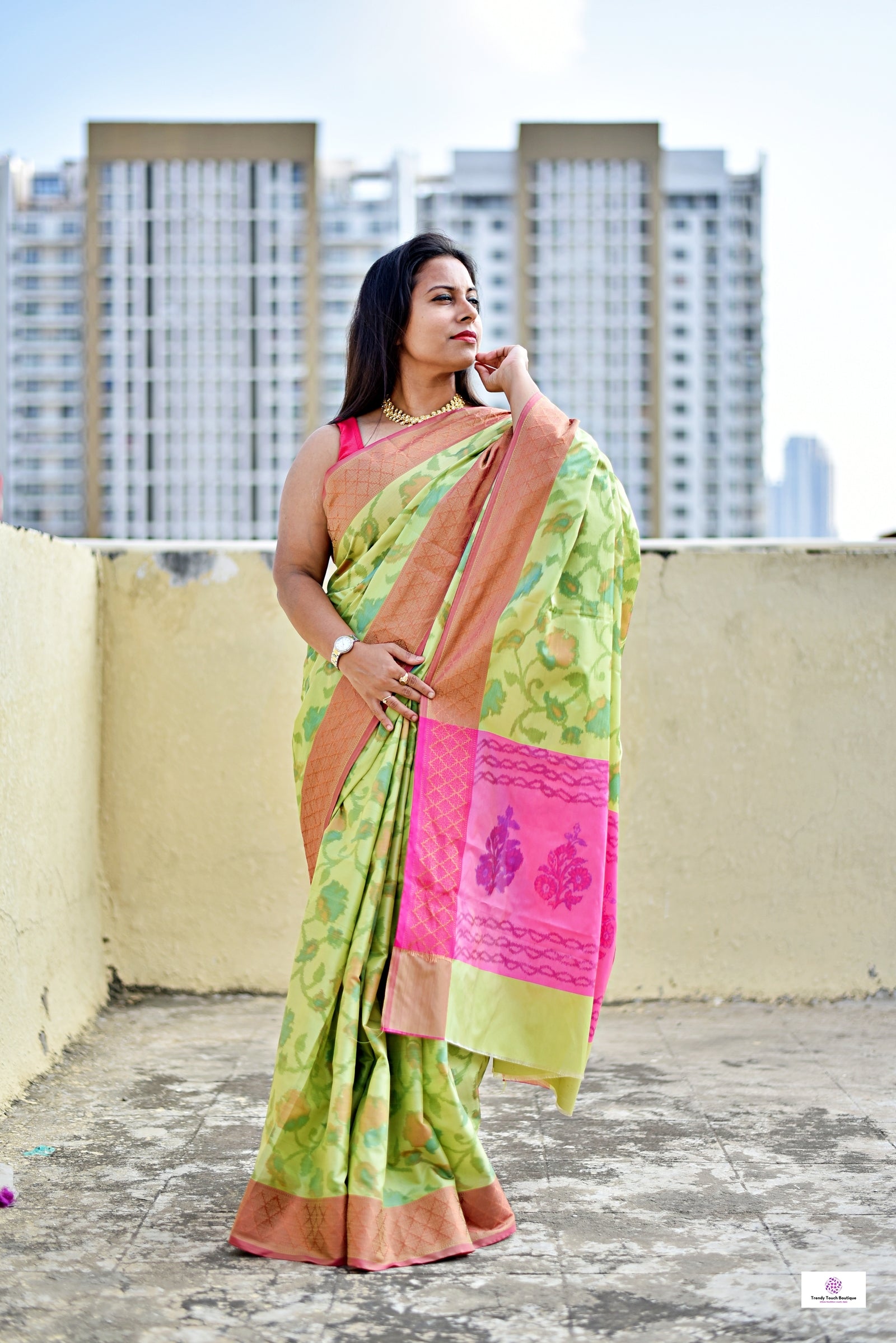 ikkat style digital print soft silk saree  green pink for haldi sangeet marriage bridal function puja and special ocassion with blouse piece best price