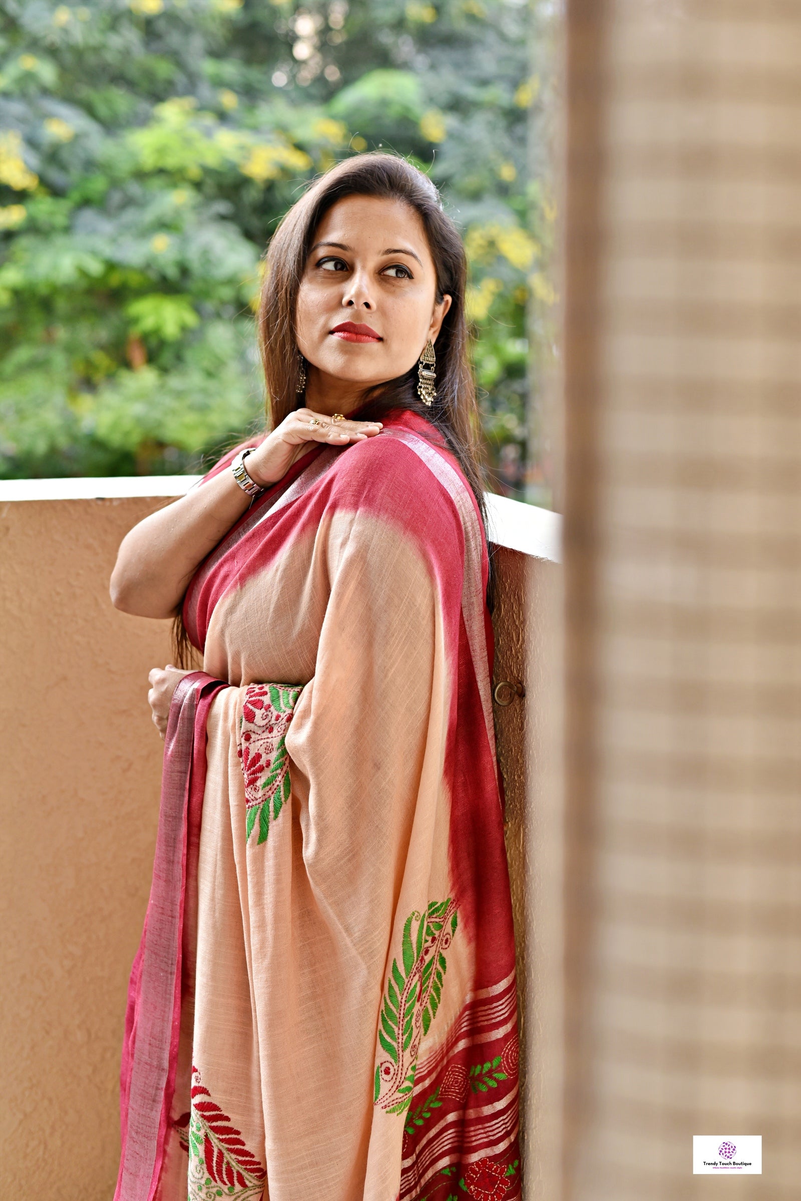 kantha handembroidered linen saree with maroon and beige tye and dye office wear or casual outing special events with blouse piece best price