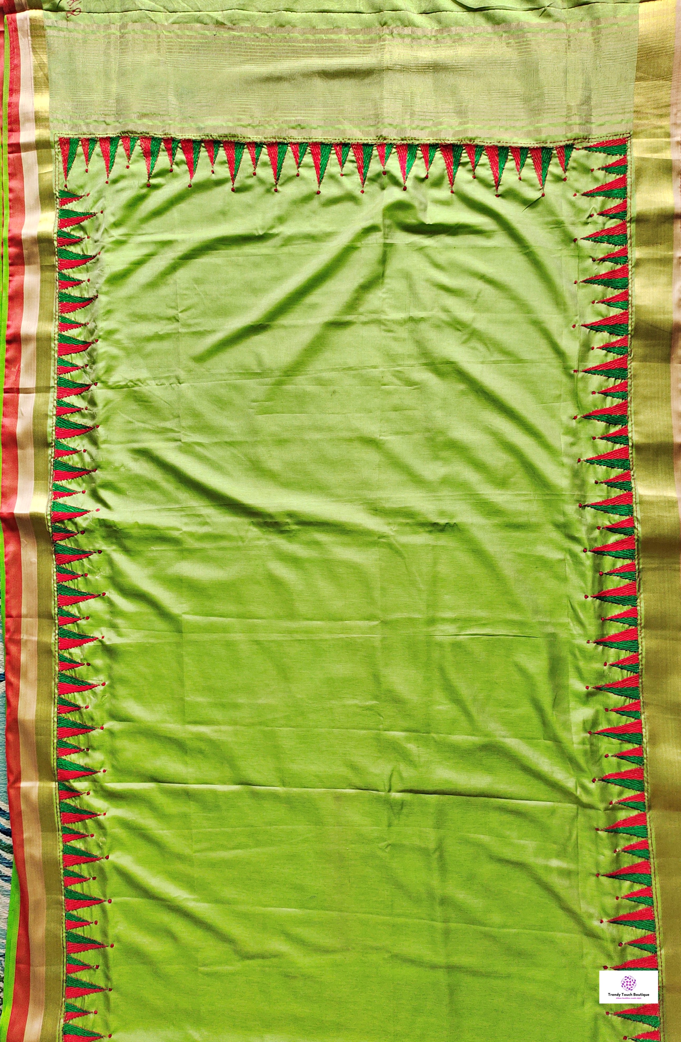 kantha handembroidered temple border on green red and golden bordered parrot green kataan silk saree best for summer wedding celebrations and speical functions with blouse piece best price