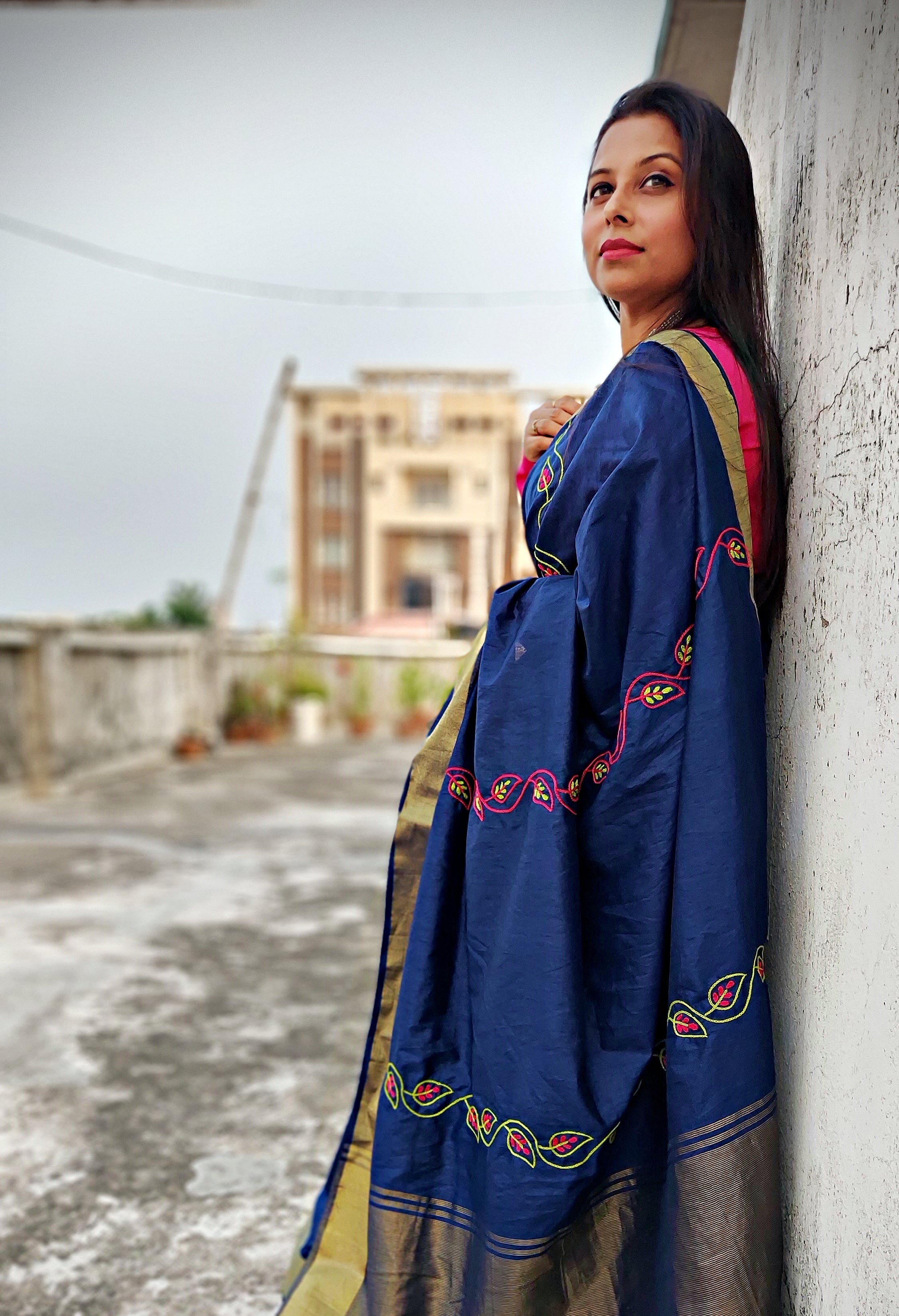 handembroidered designer cotton silk saree in blue for cocktail party, dinner, summer fashion sarees golden border