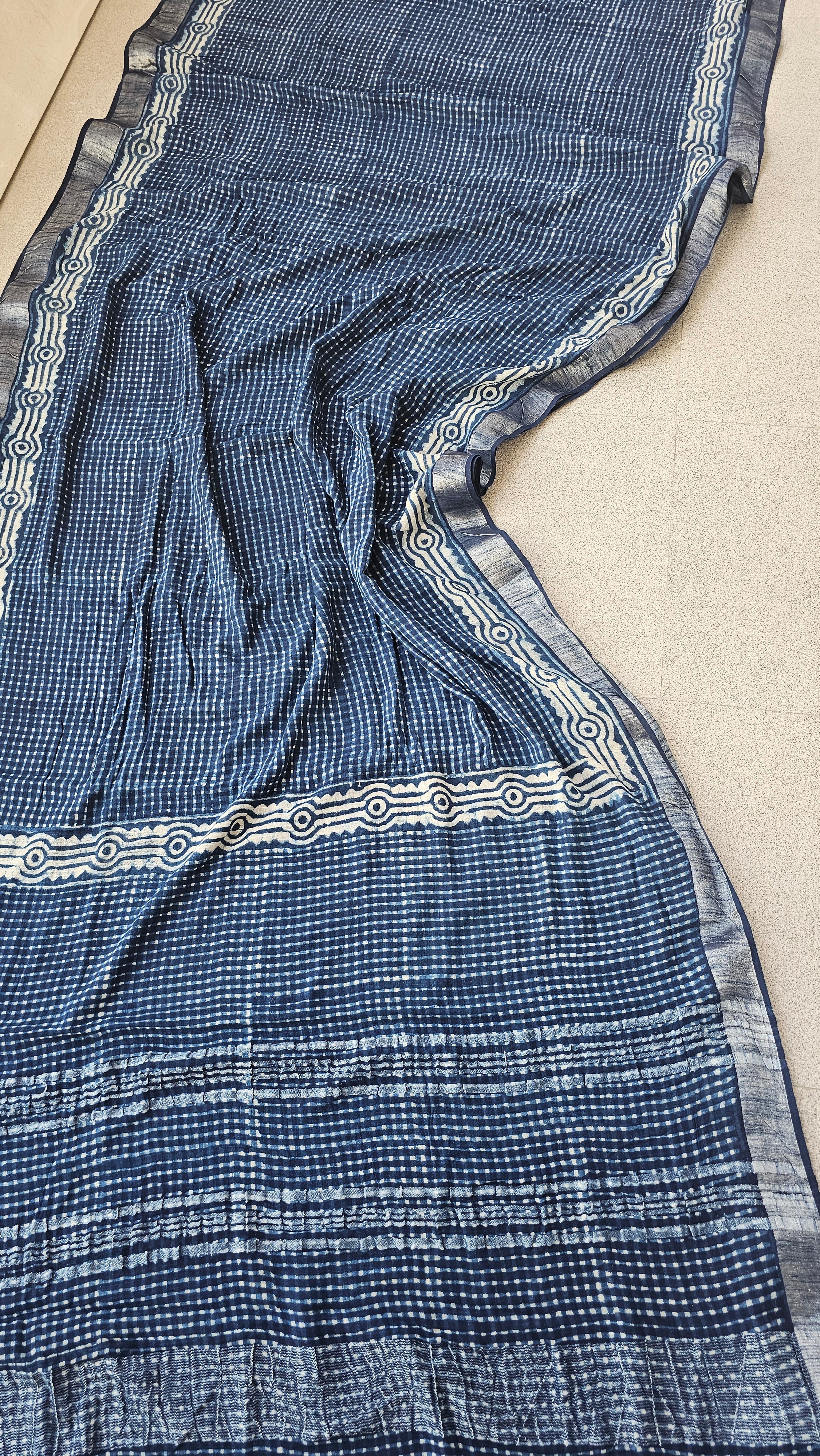 Indigo Check - Hand Block Print - Linen Cotton Saree