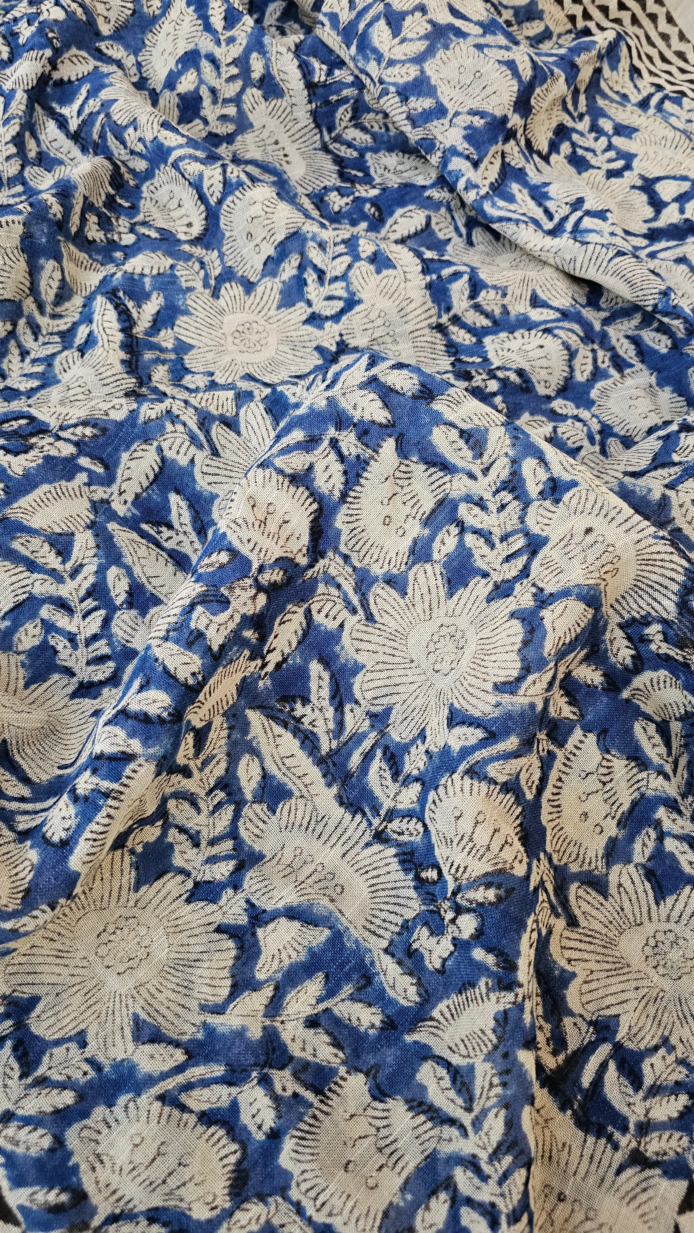 Blue Lagoon - Handblock Print - Linen Cotton Saree