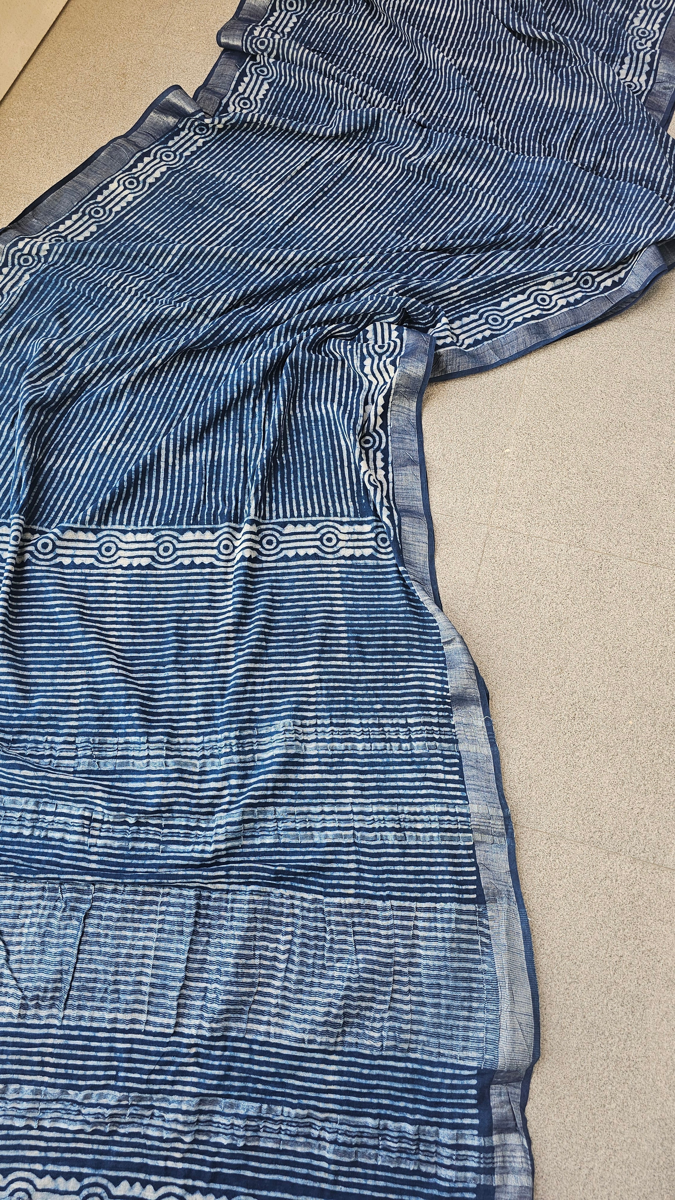 Indigo Stripe - Hand Block Print - Linen Cotton Saree