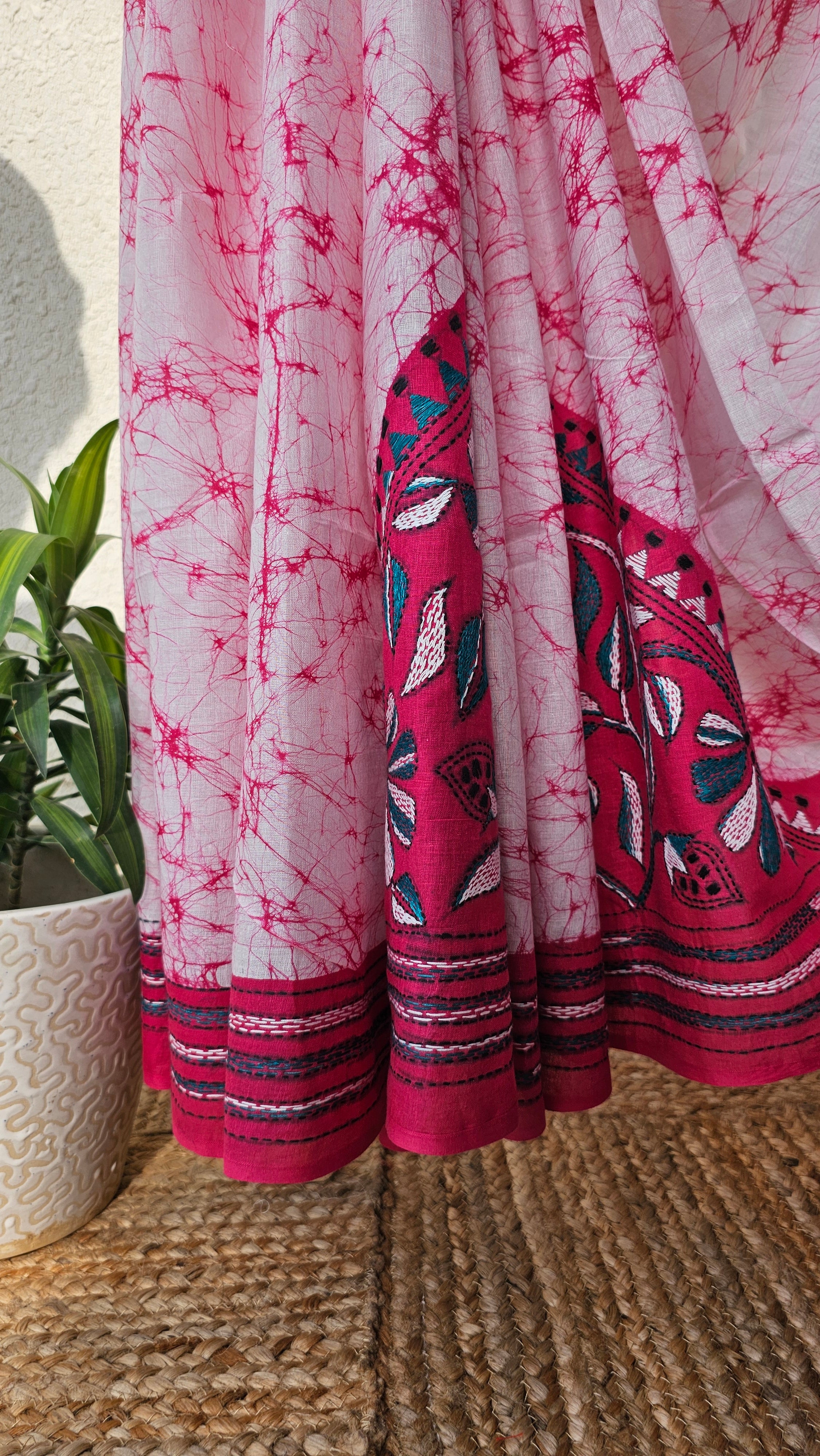 Pink Lily - Kantha Work & Hand Batik - Cotton Saree