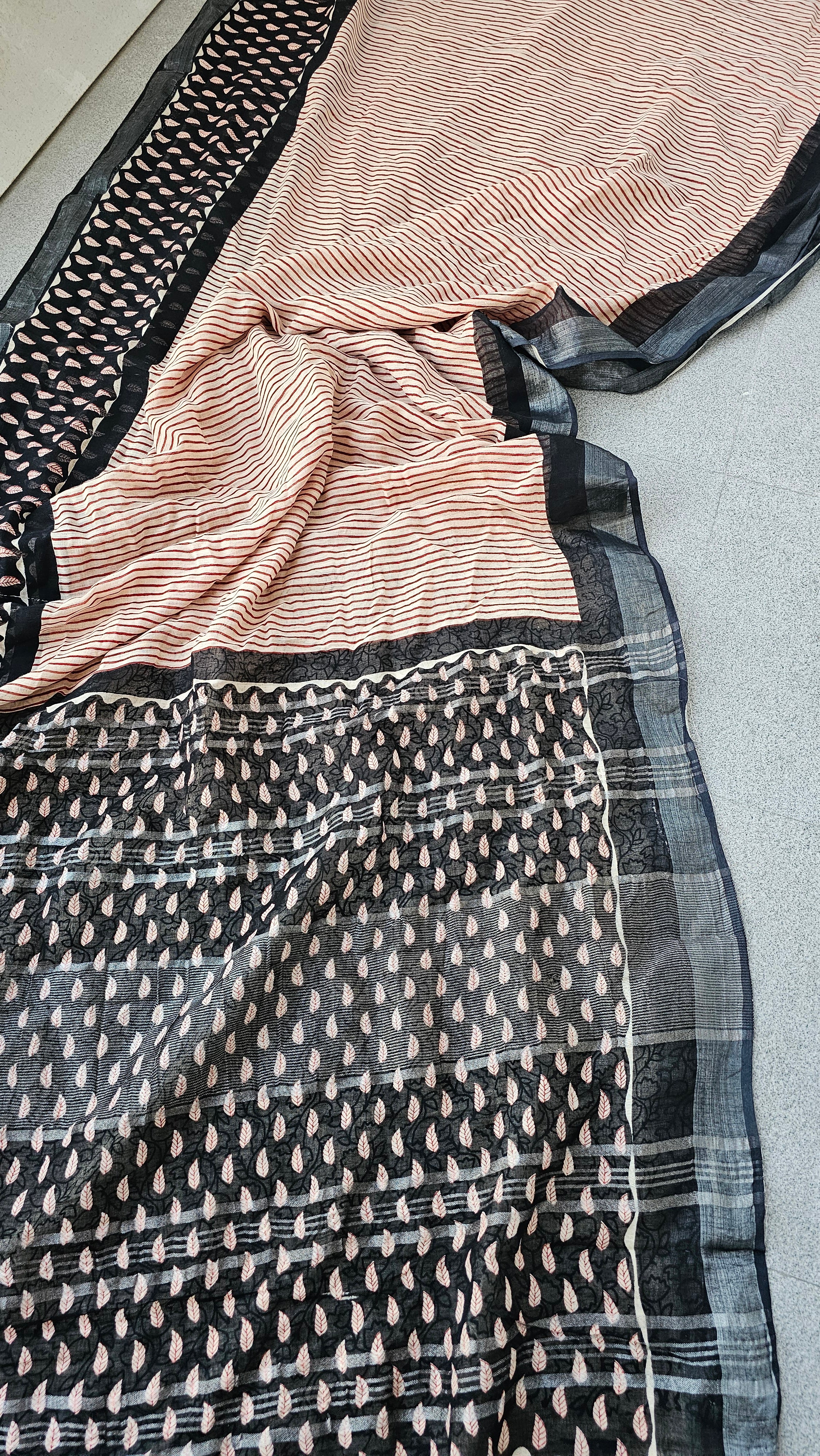 Rhea - Hand Block Print - Linen Cotton Saree