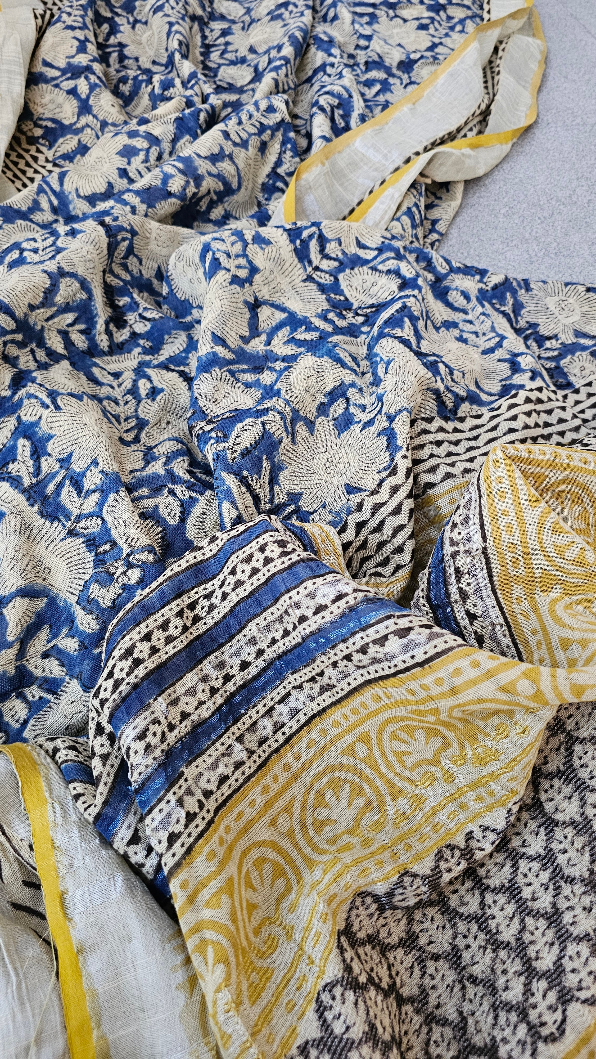 Blue Lagoon - Handblock Print - Linen Cotton Saree