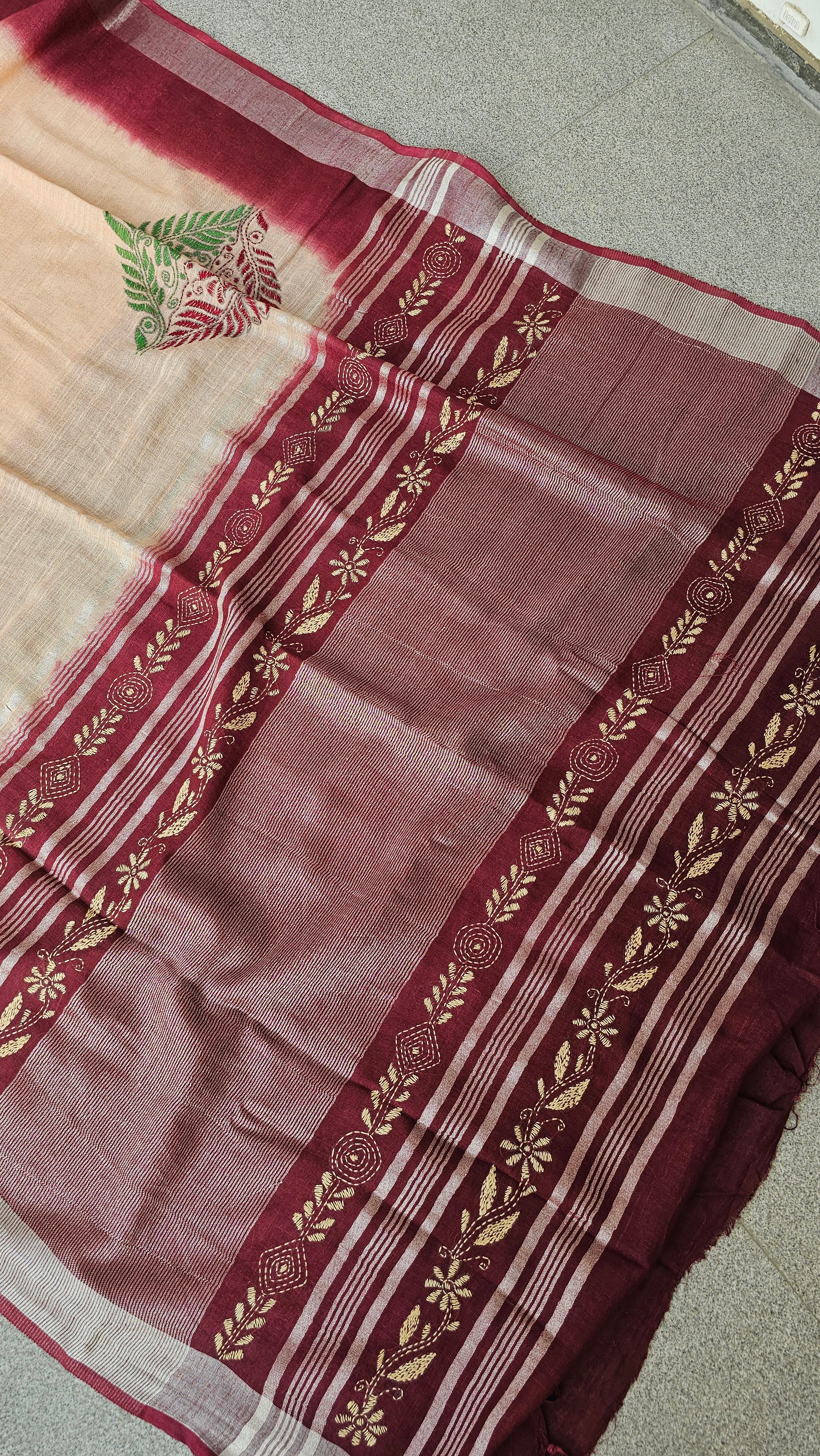 Chandana - Kantha Work - Shibori Tie & Dye Linen Cotton Saree