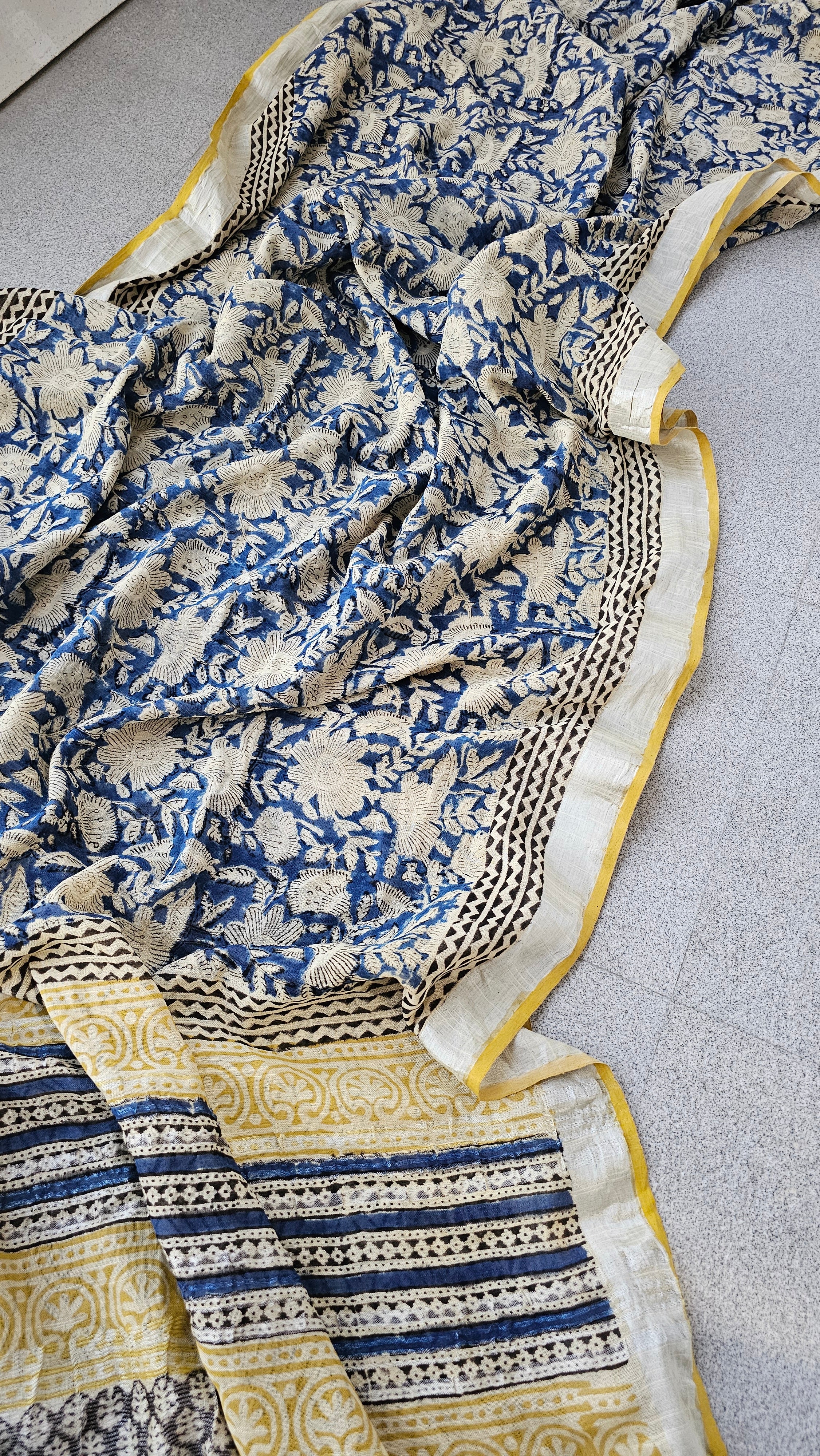 Blue Lagoon - Handblock Print - Linen Cotton Saree
