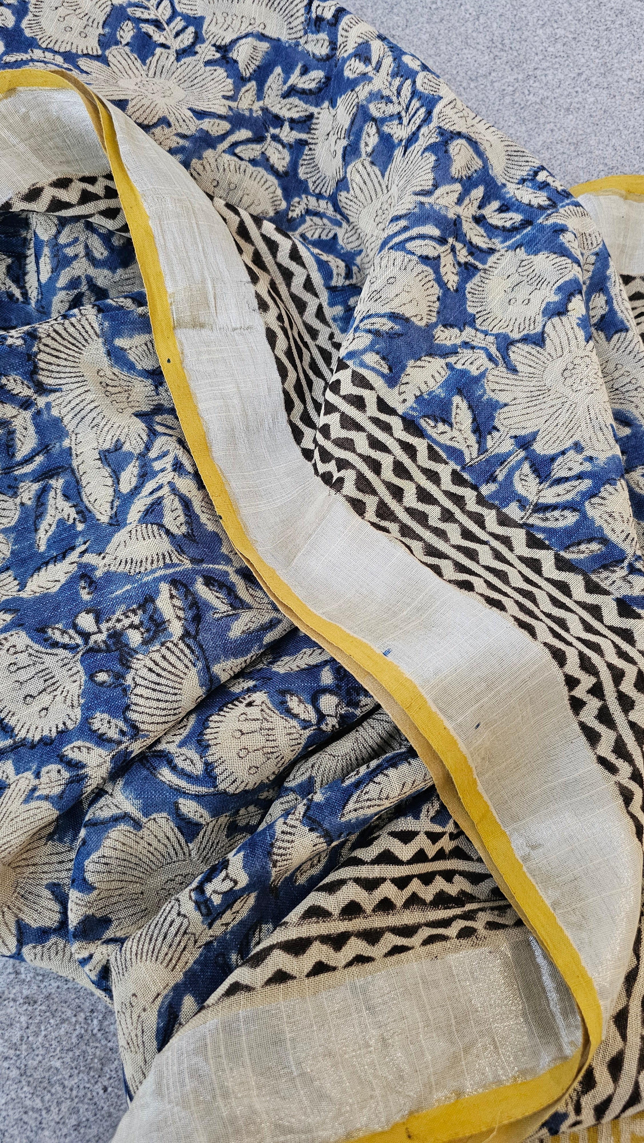 Blue Lagoon - Handblock Print - Linen Cotton Saree