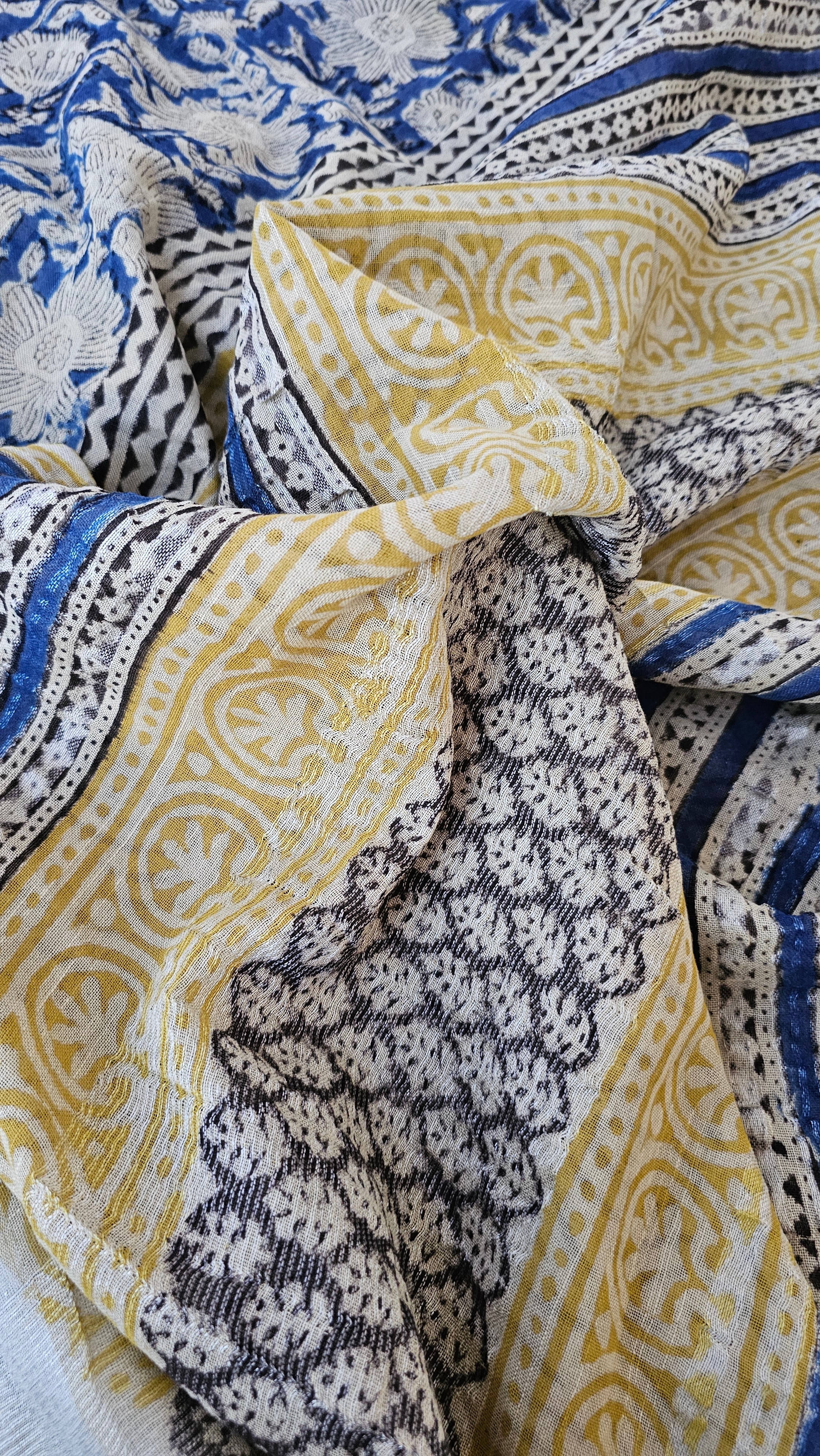 Blue Lagoon - Handblock Print - Linen Cotton Saree