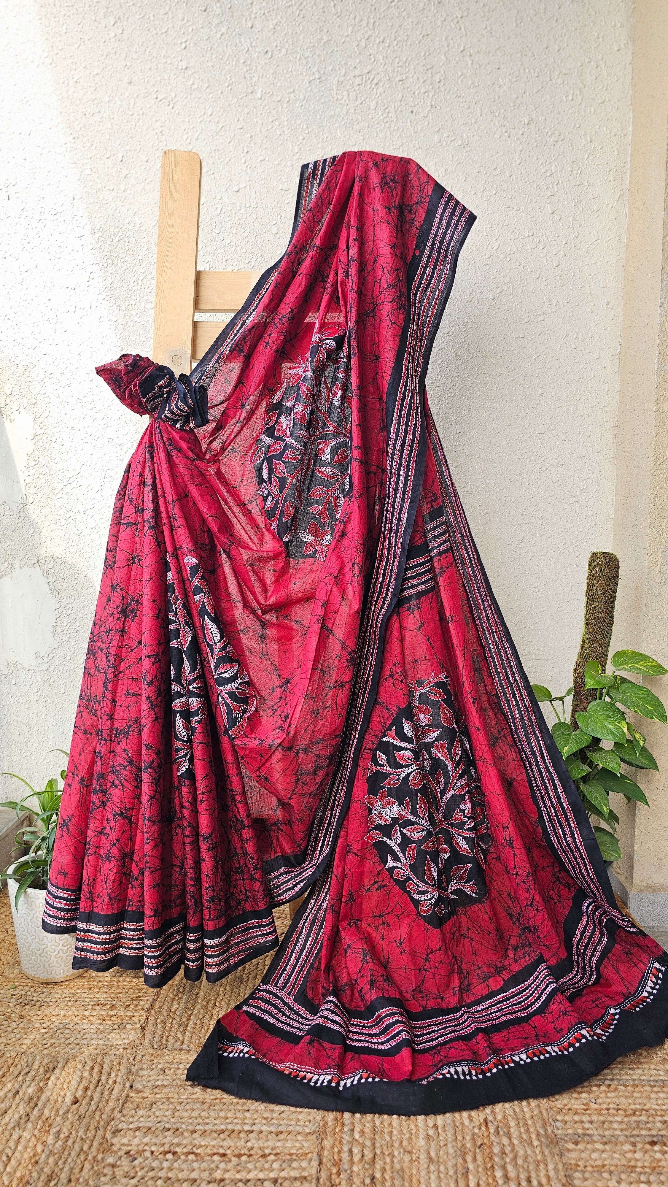 Romance - Kantha Work & Hand Batik - Cotton Saree