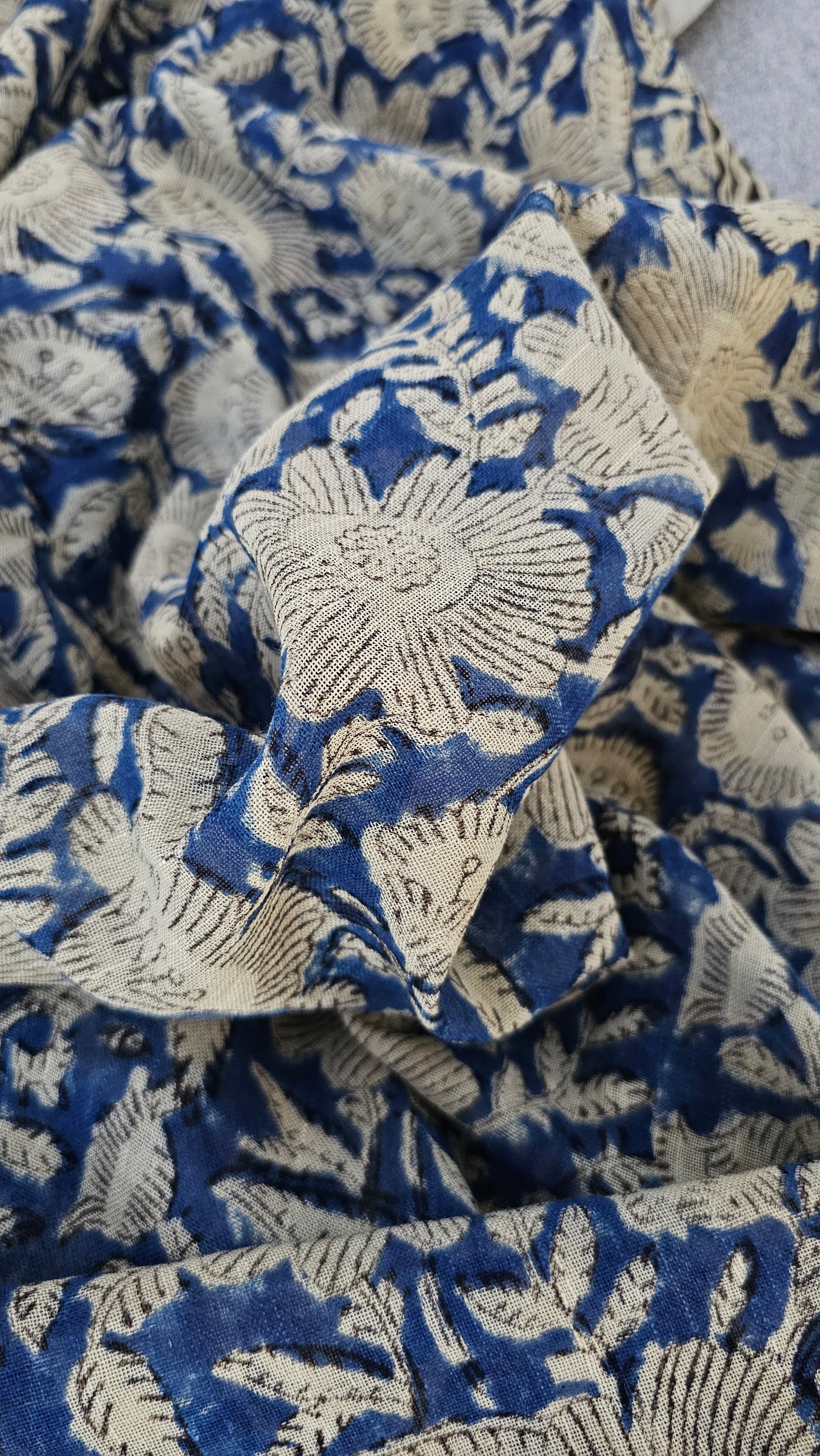 Blue Lagoon - Handblock Print - Linen Cotton Saree
