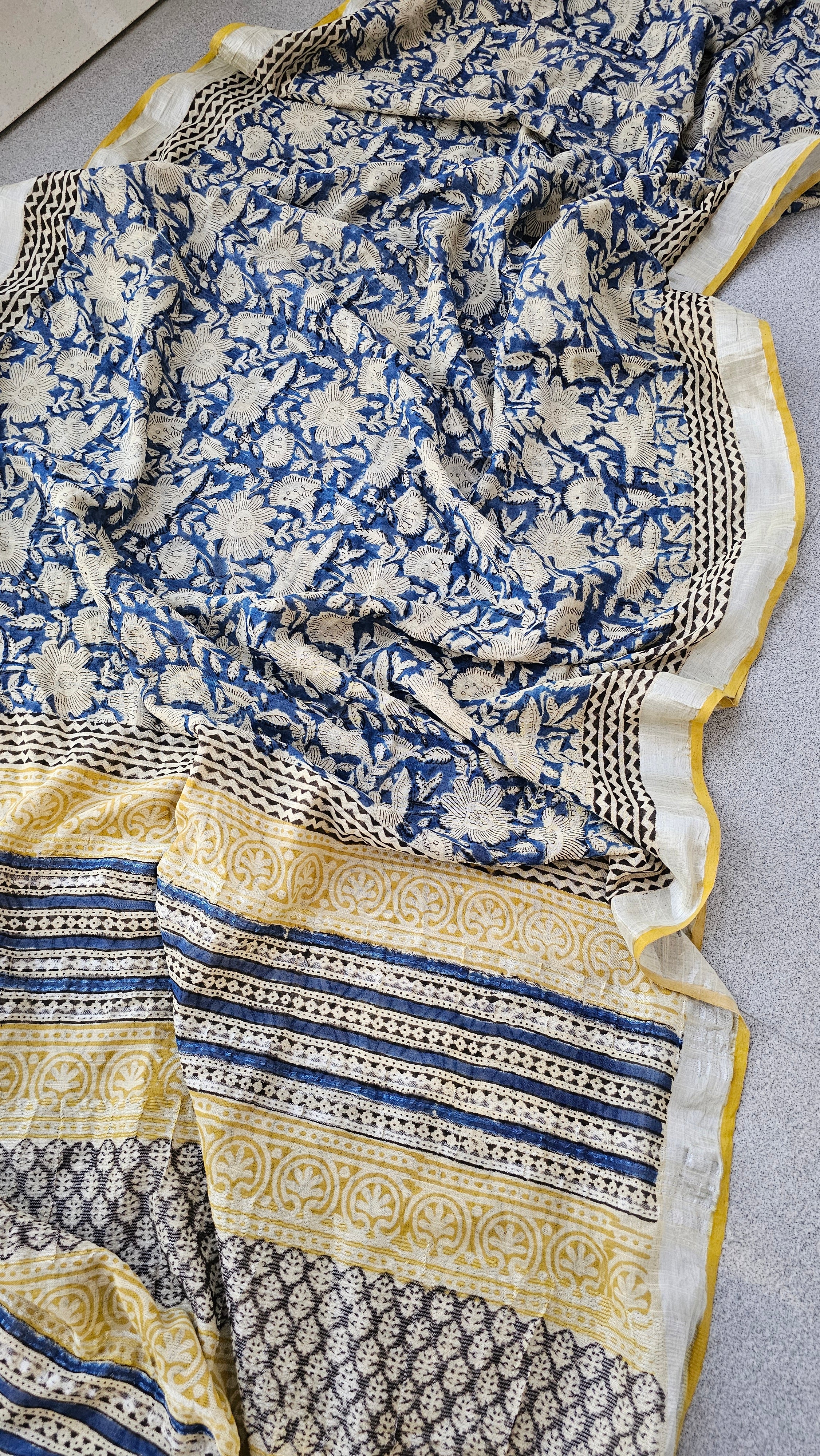 Blue Lagoon - Handblock Print - Linen Cotton Saree