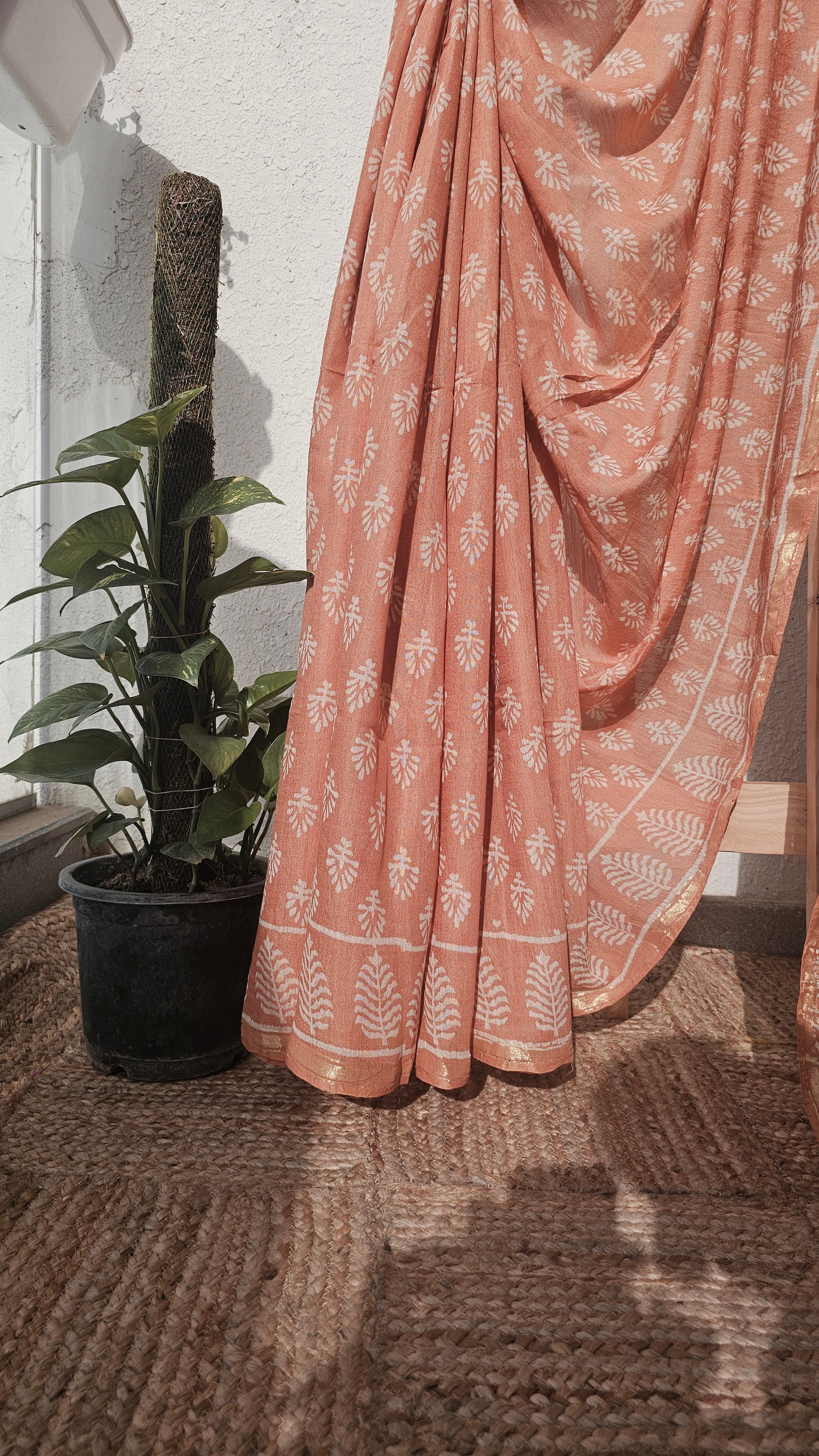 Peach - Handblock Print - Chanderi Silk