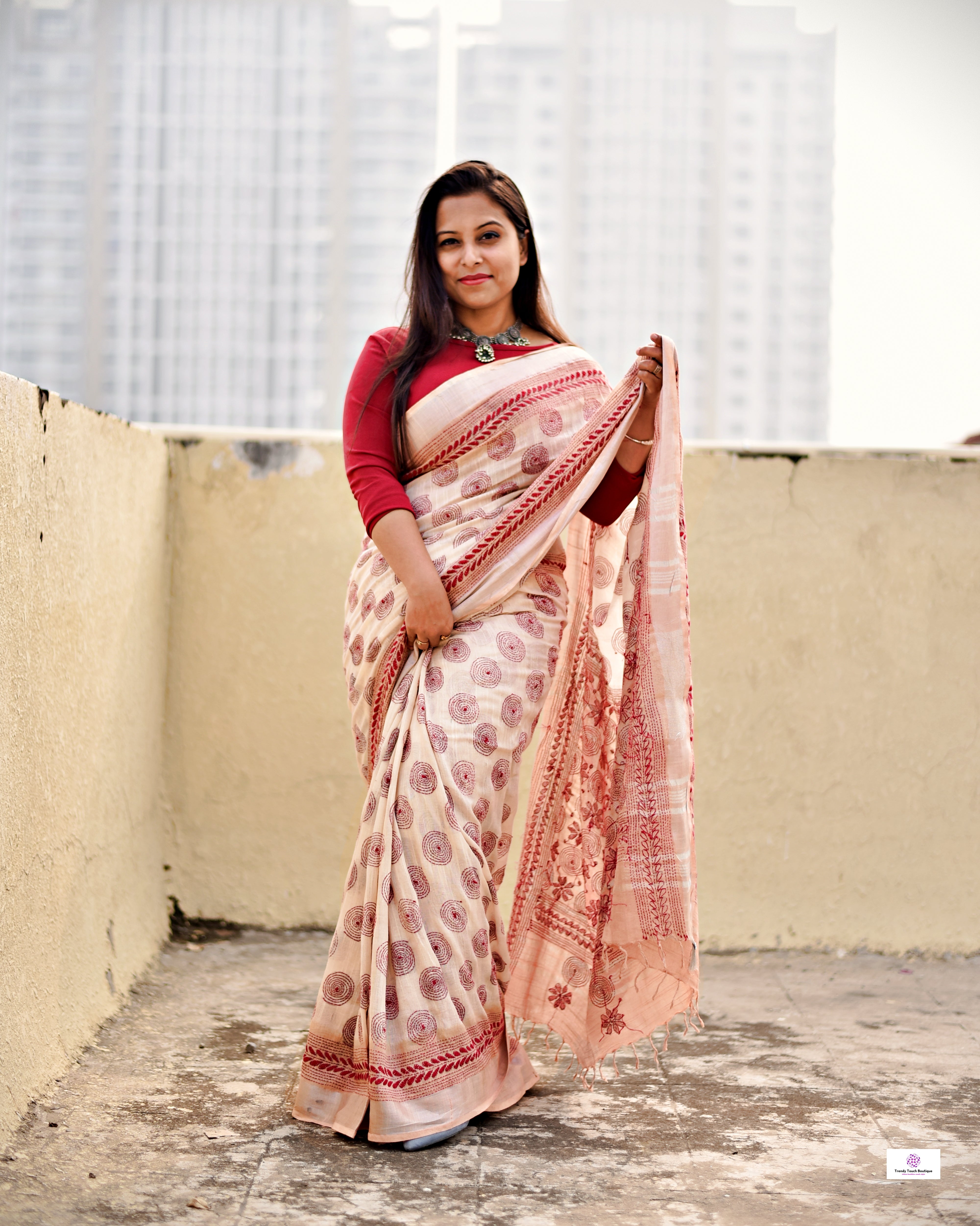 kantha handembroidered designer ivory and beige linen saree with blouse piece best price for office, casual and wedding wear.