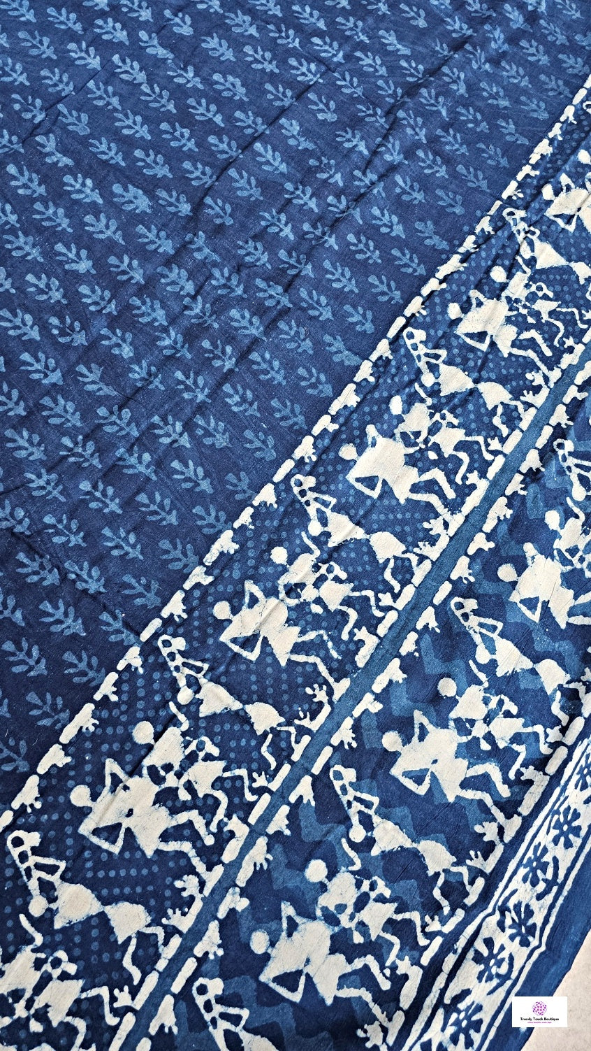 warli handblockprint indigo mulcotton saree with blouse piece for office and casual outings summer special