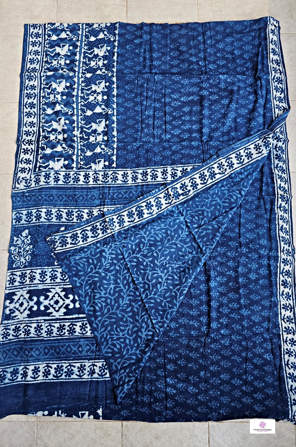 warli handblockprint indigo mulcotton saree with blouse piece for office and casual outings summer special