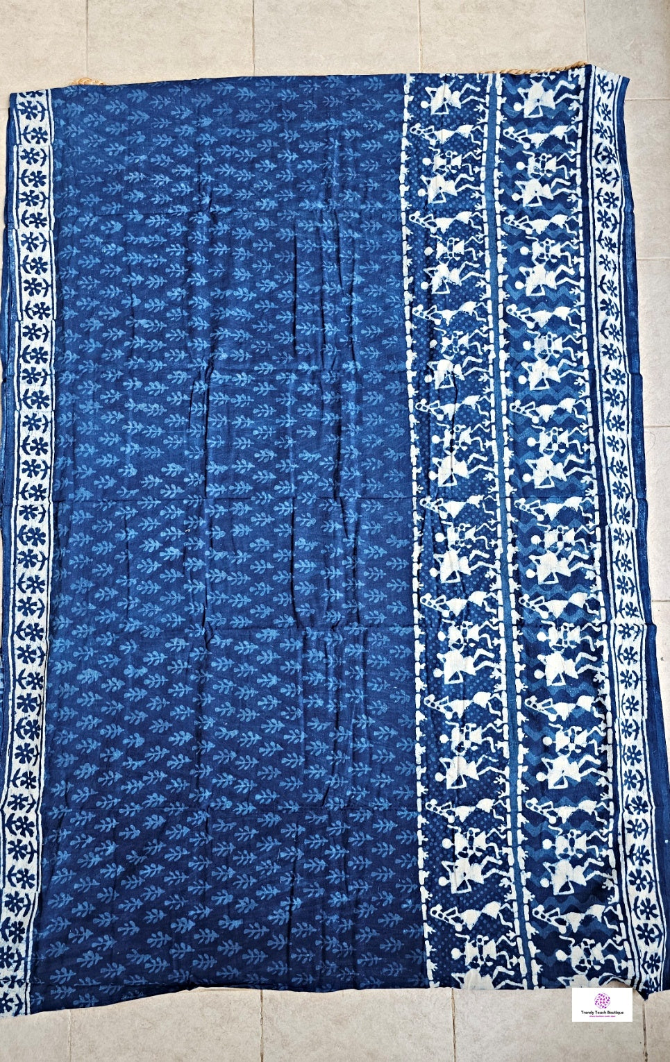 warli handblockprint indigo mulcotton saree with blouse piece for office and casual outings summer special