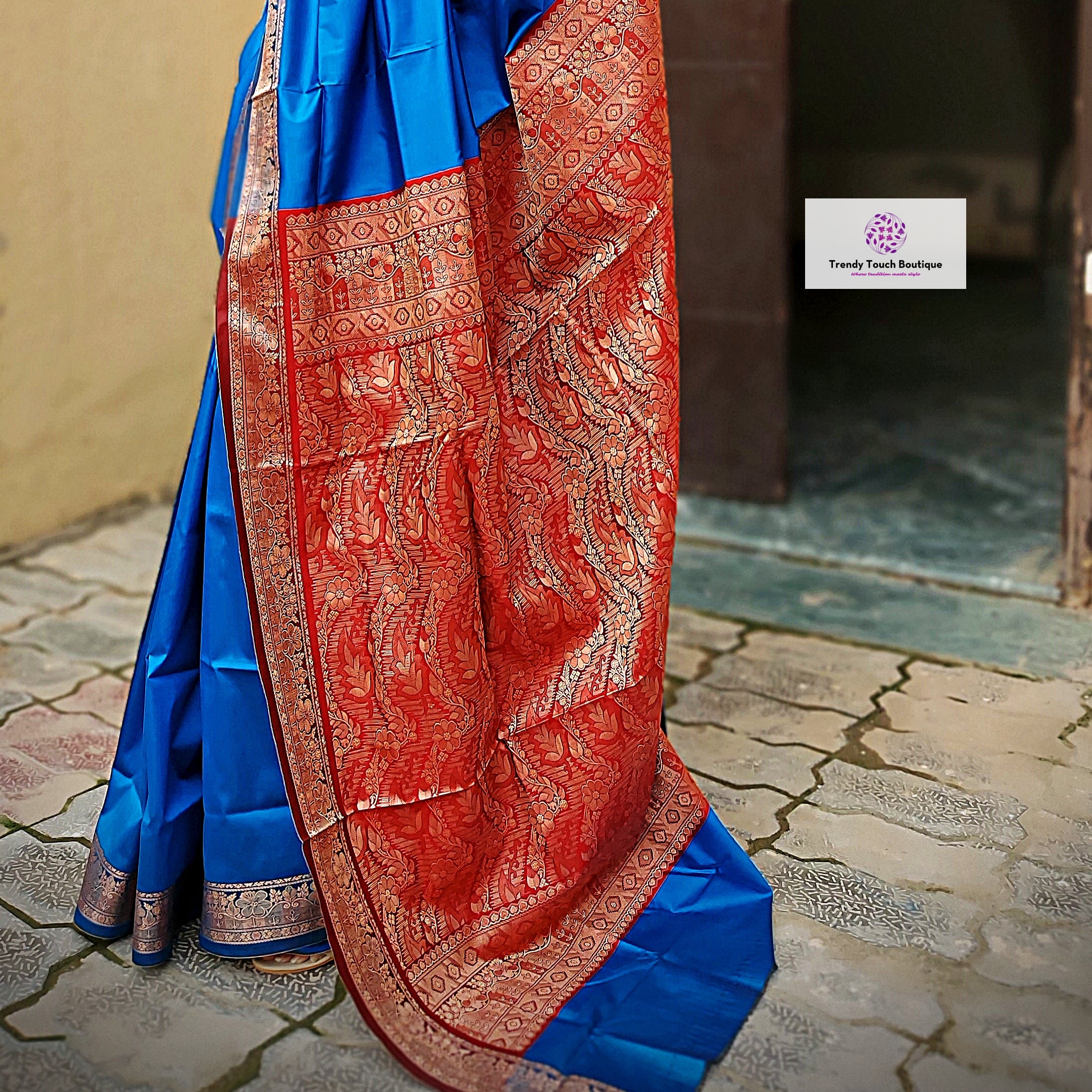 bridal lightweight sarees for gifting semi katan silk blue and red color perfect for bridal trousseau diwali gifts sarees for marriage wedding functions