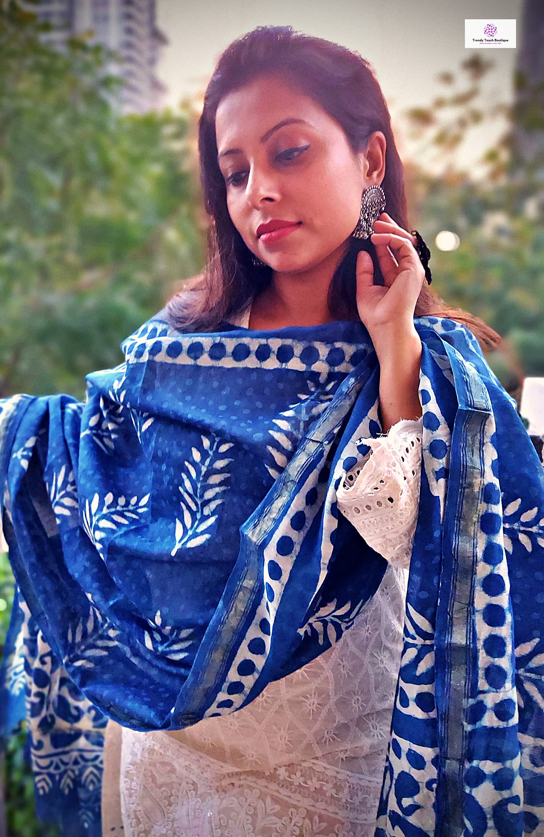 Bluebells - Hand Block Print - Chanderi Silk Dupatta