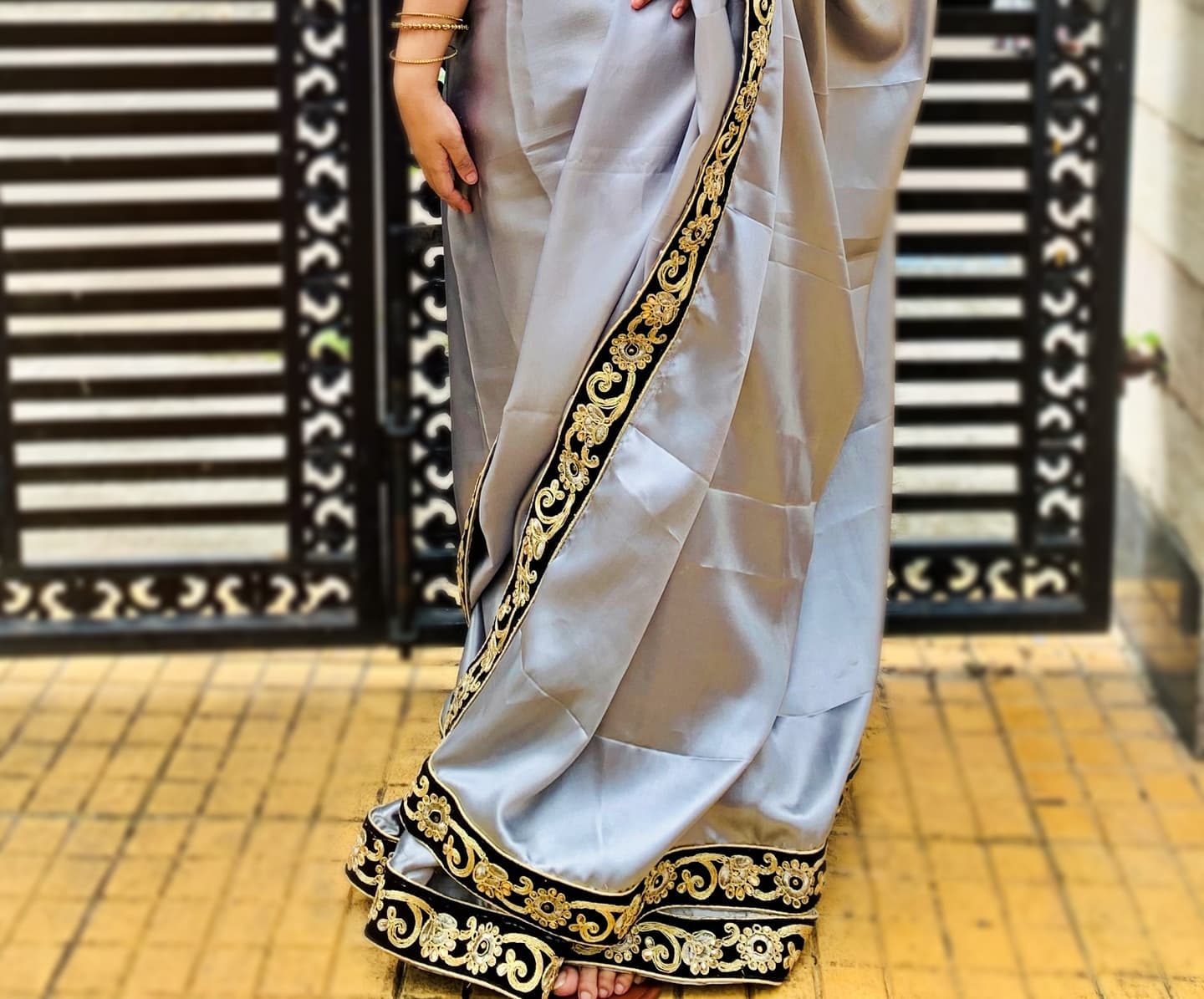 KADAMBINI -  ZARDOSI WORK GREY - SATIN SILK