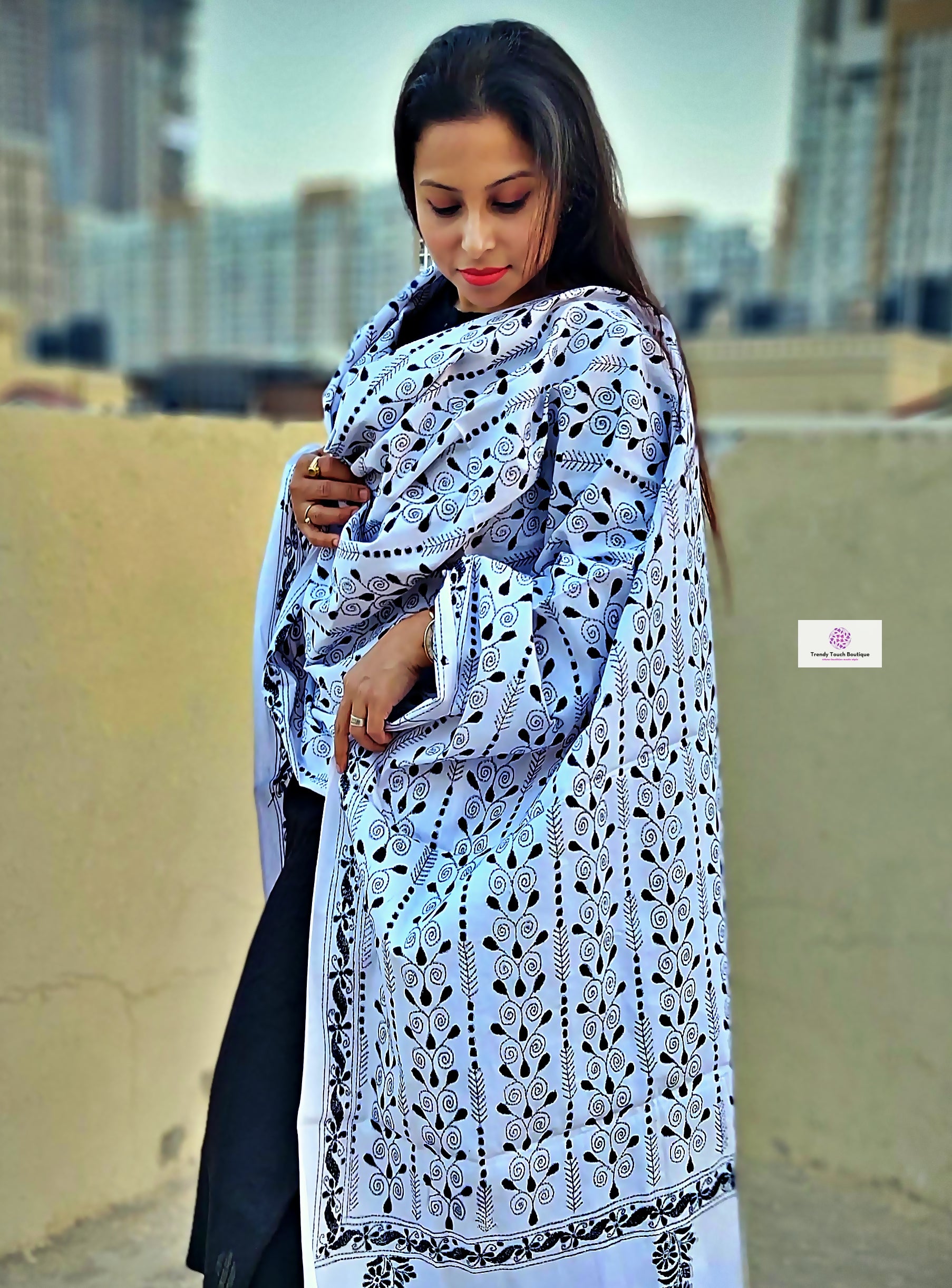White Kantha work cotton dupatta