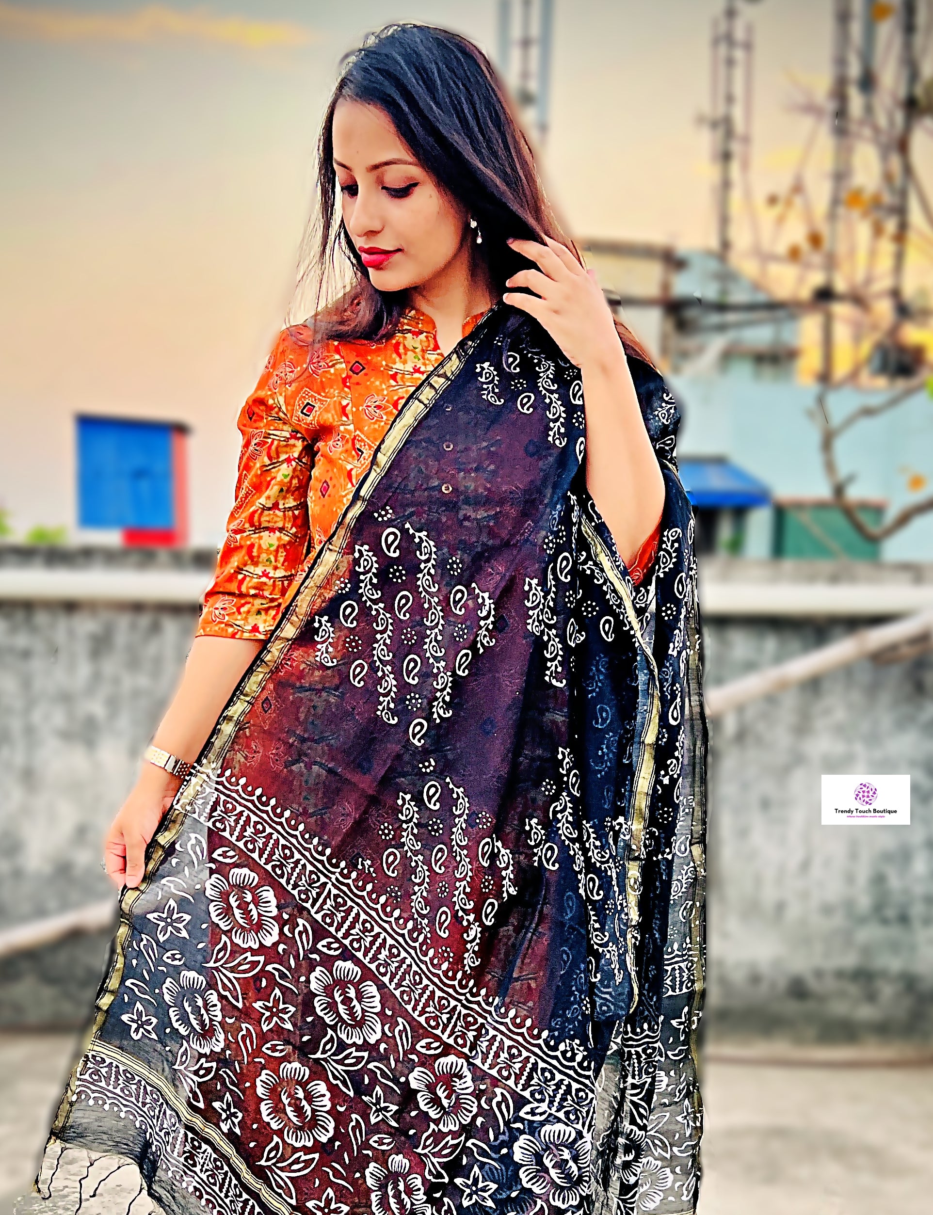 Ebony - Handblock Print- Chanderi Silk Dupatta