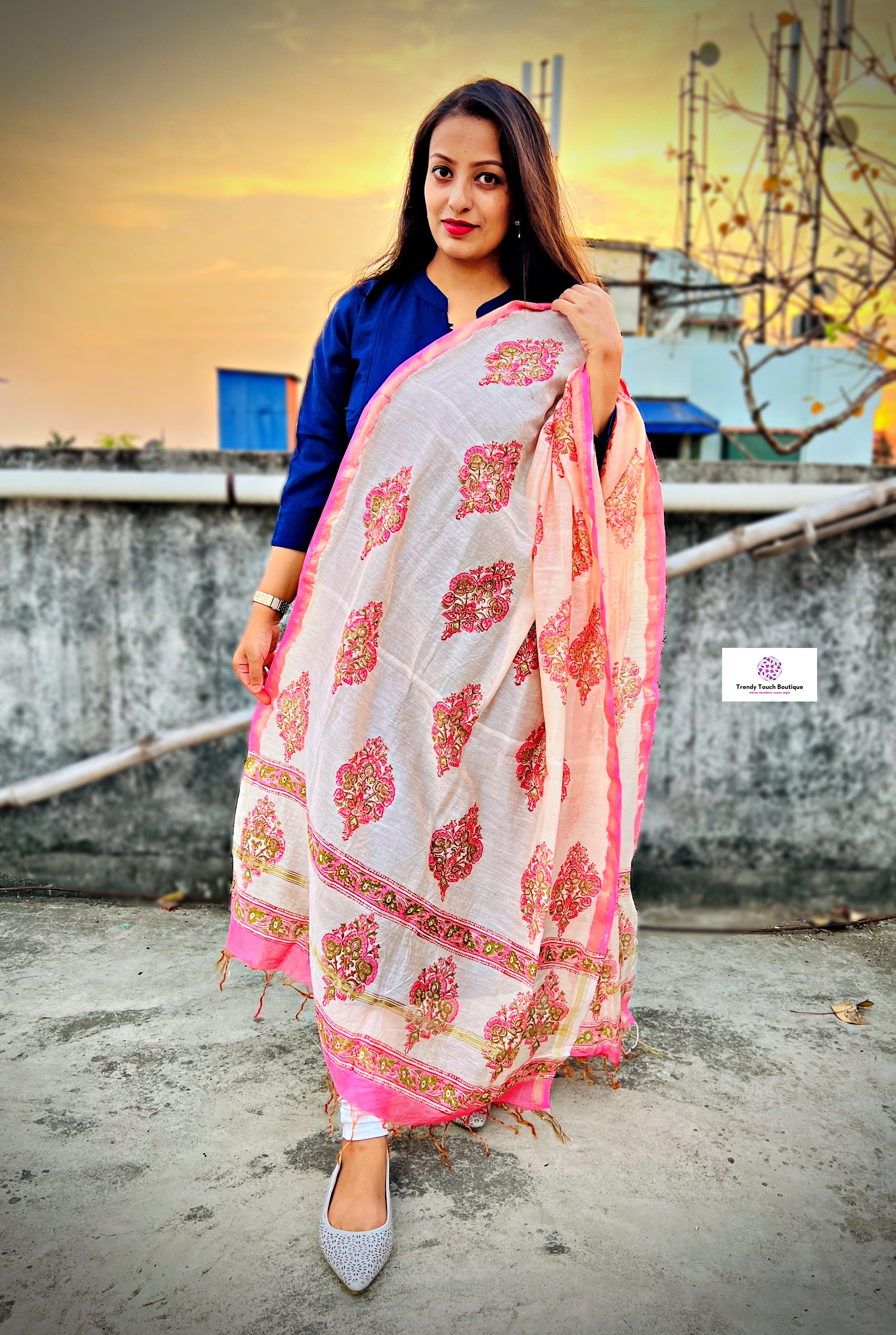 Pink Flower - Hand Block Print - Chanderi Silk Dupatta