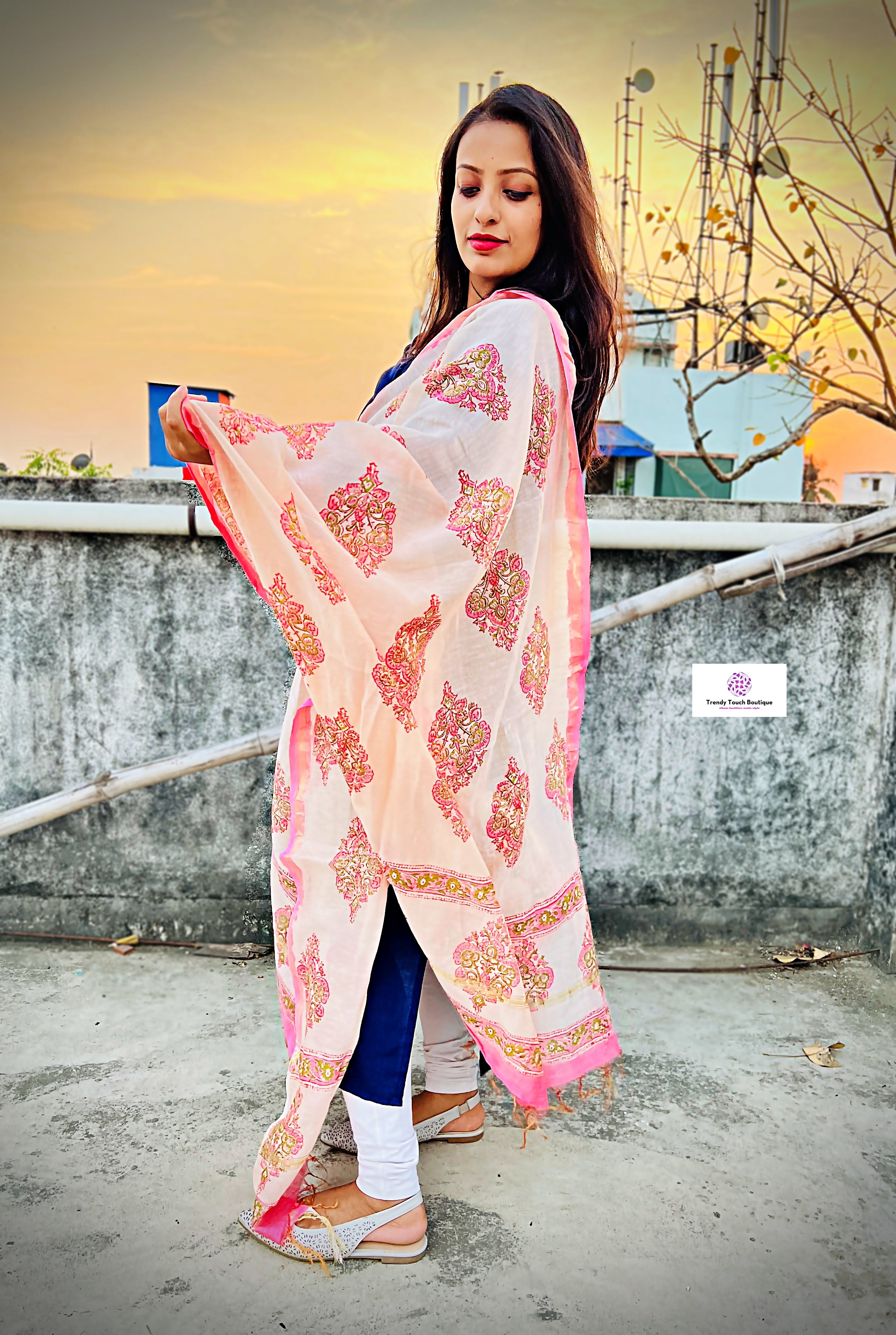 Pink Flower - Hand Block Print - Chanderi Silk Dupatta