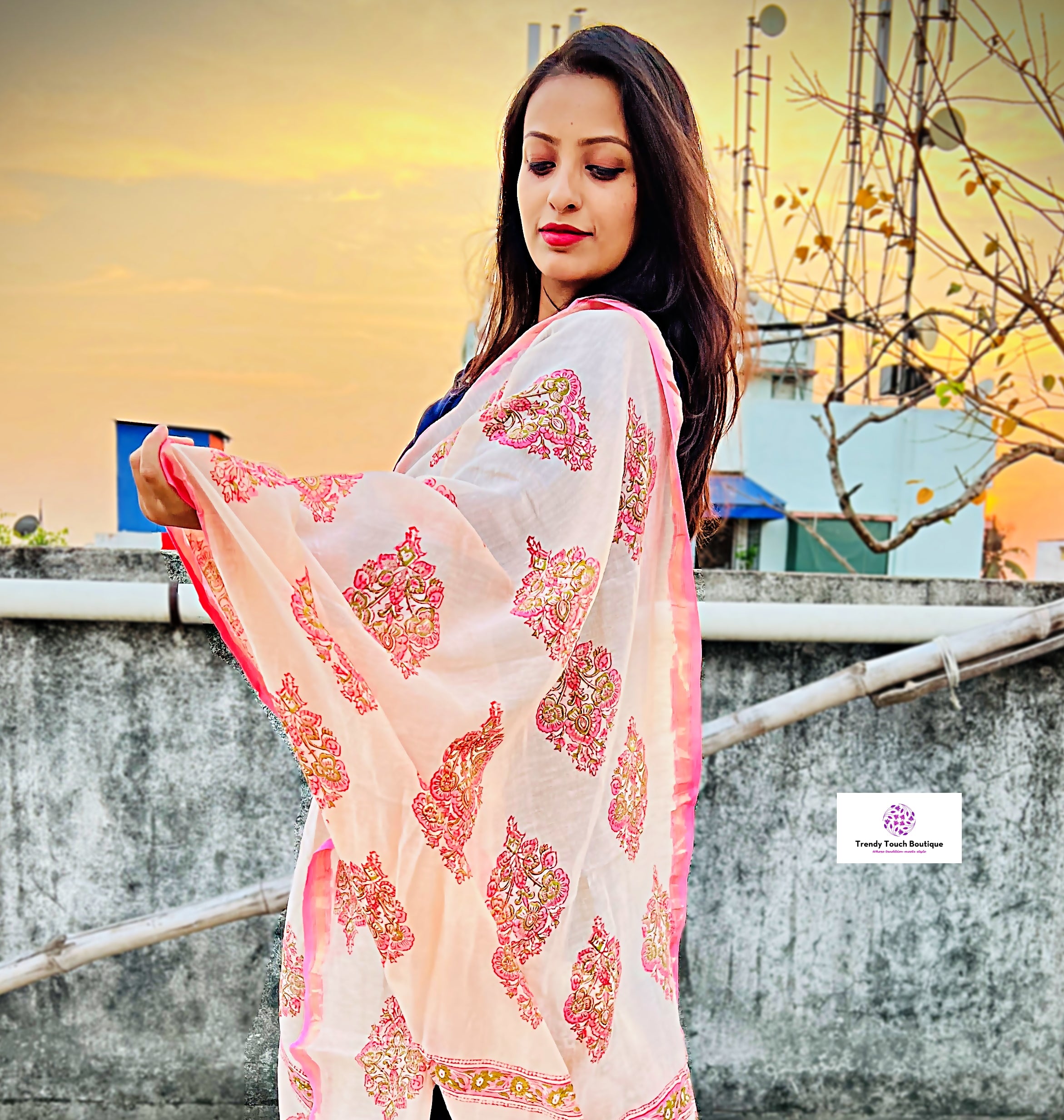 Pink Flower - Hand Block Print - Chanderi Silk Dupatta