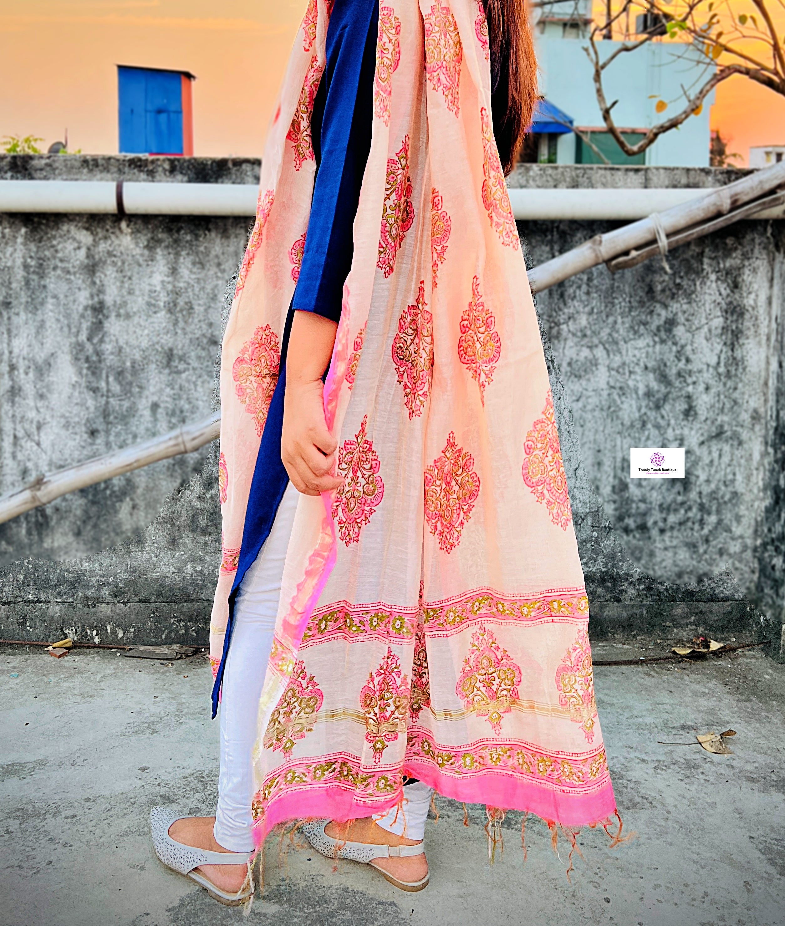 Pink Flower - Hand Block Print - Chanderi Silk Dupatta