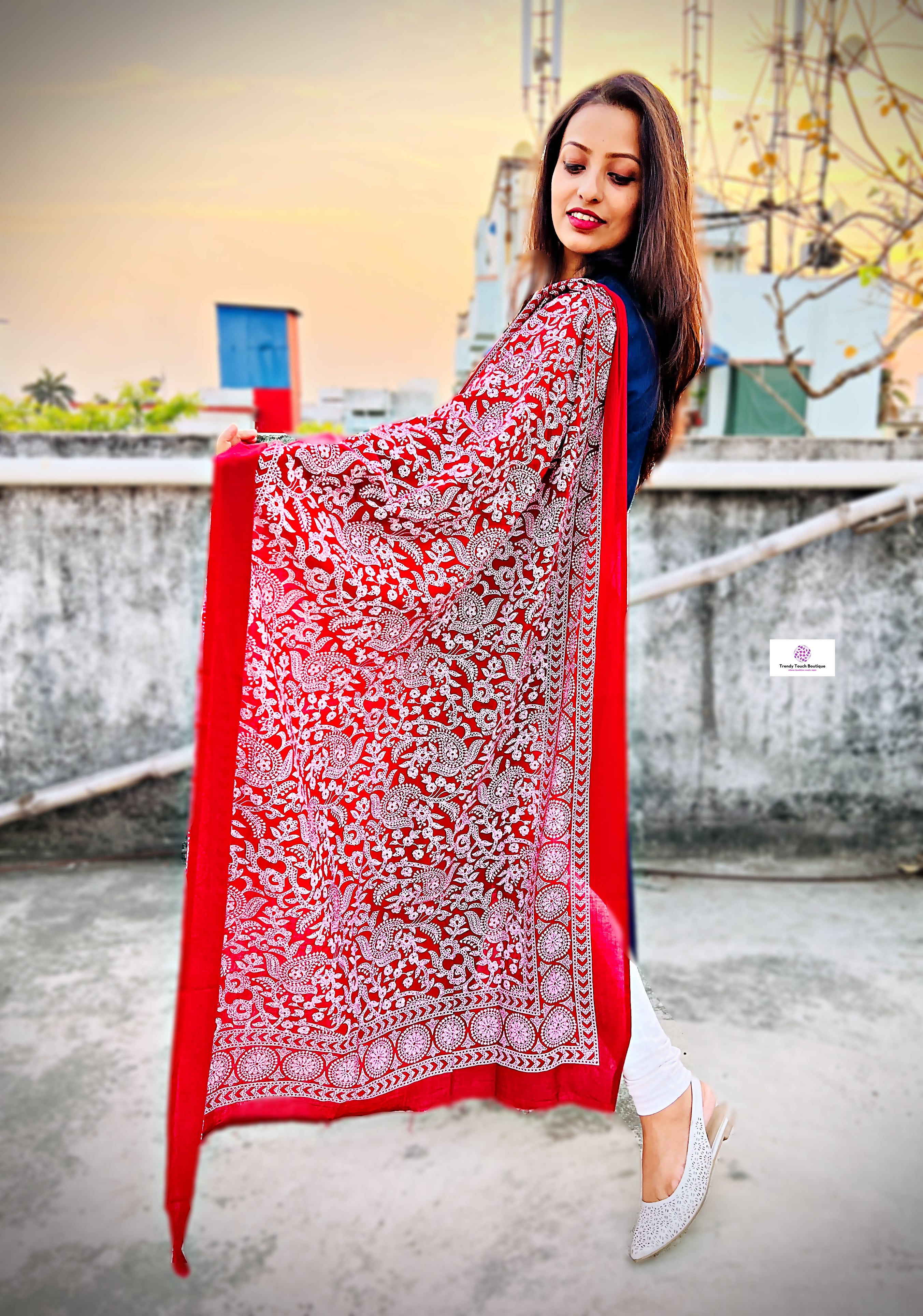 Red mulcotton handblock print dupattas for summer office and college everyday wear , best price !
