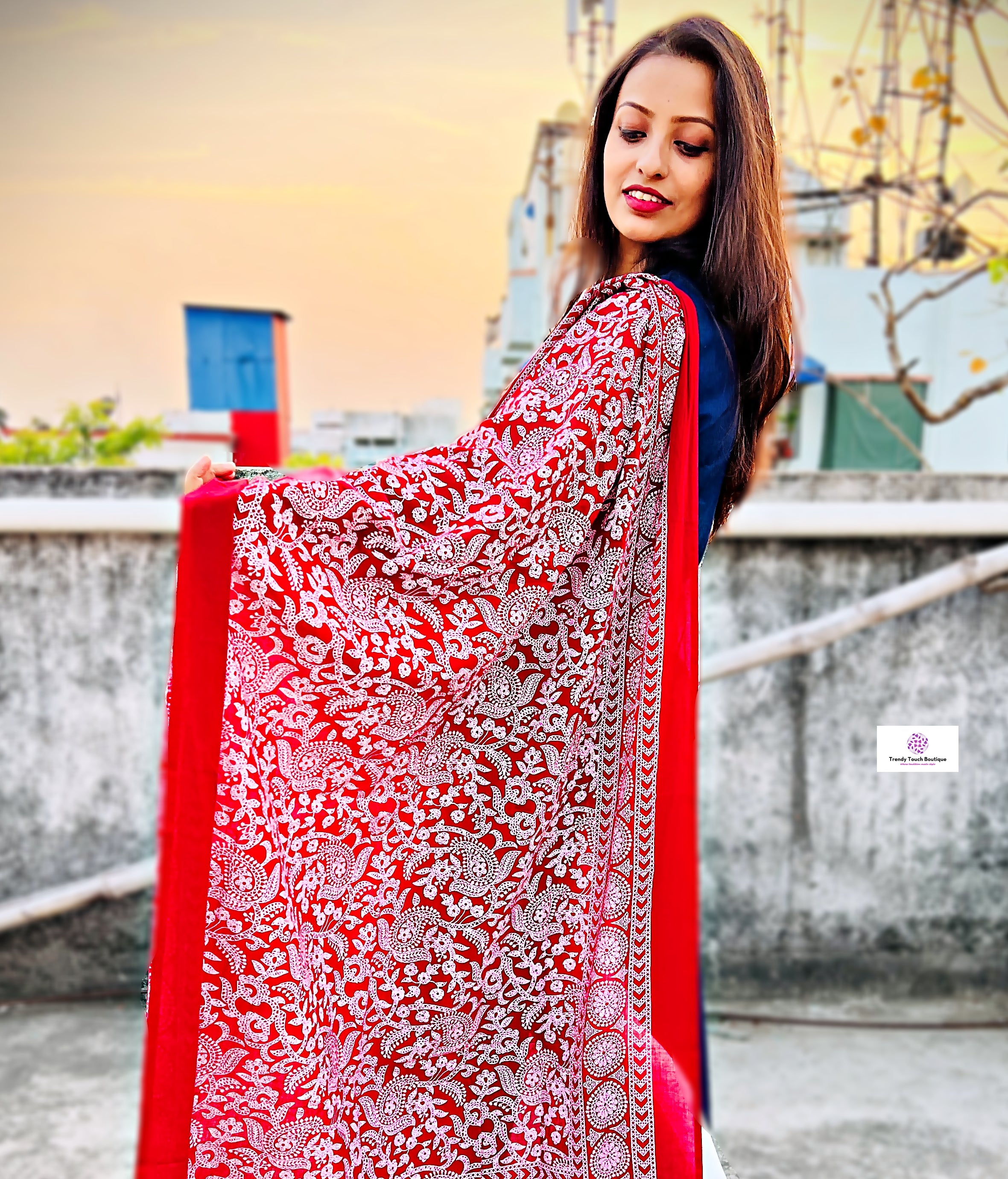 Red mulcotton handblock print dupattas for summer office and college everyday wear , best price !